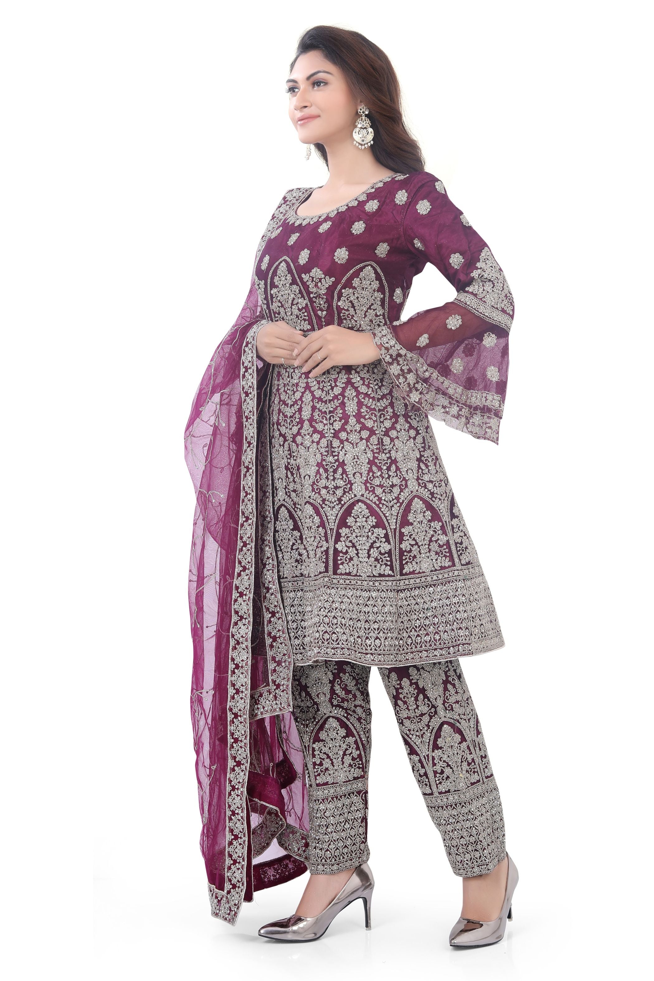 Wine Short Anarkali with Pencil Pant-1