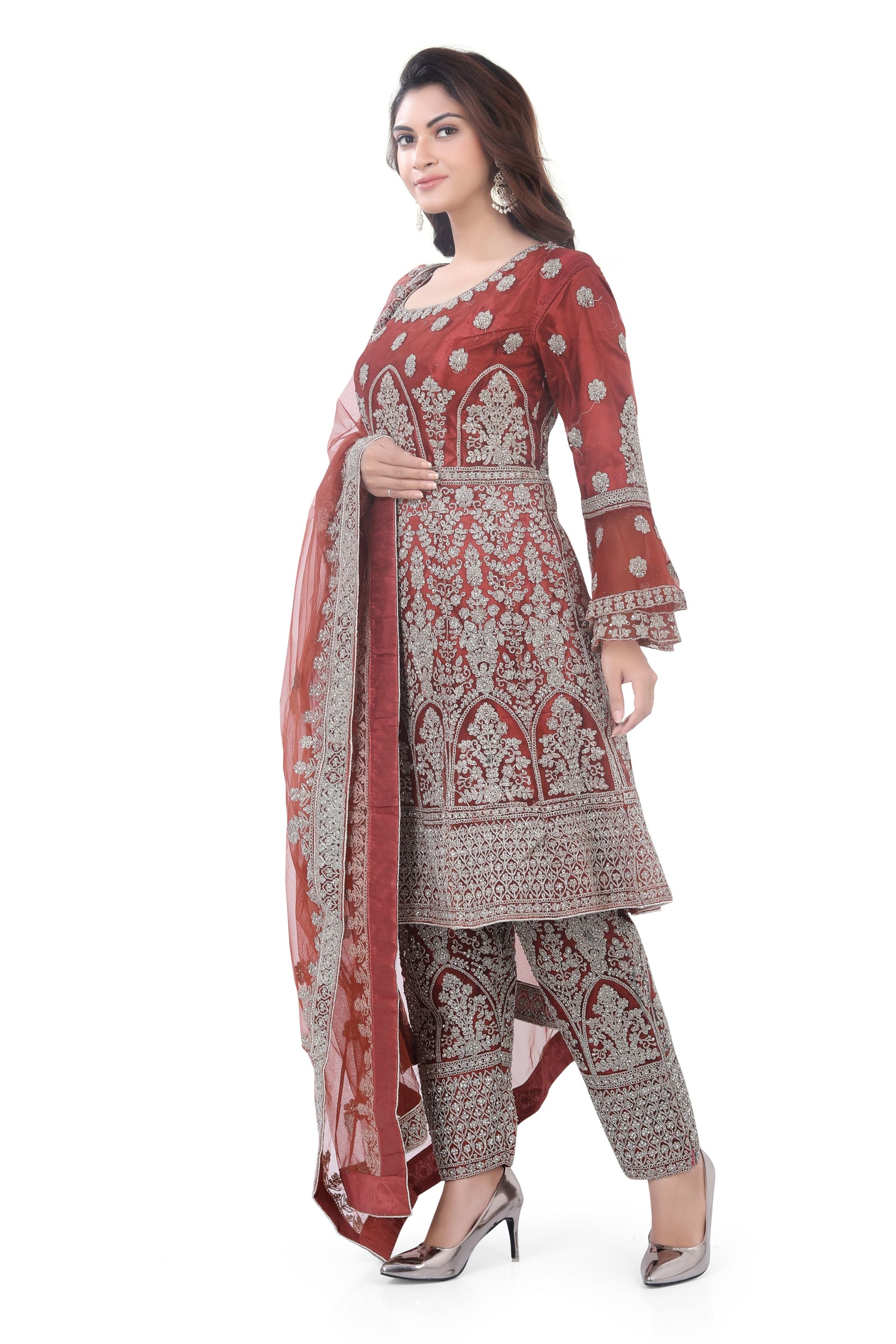 Rust Brown Short Anarkali with Pencil Pant
