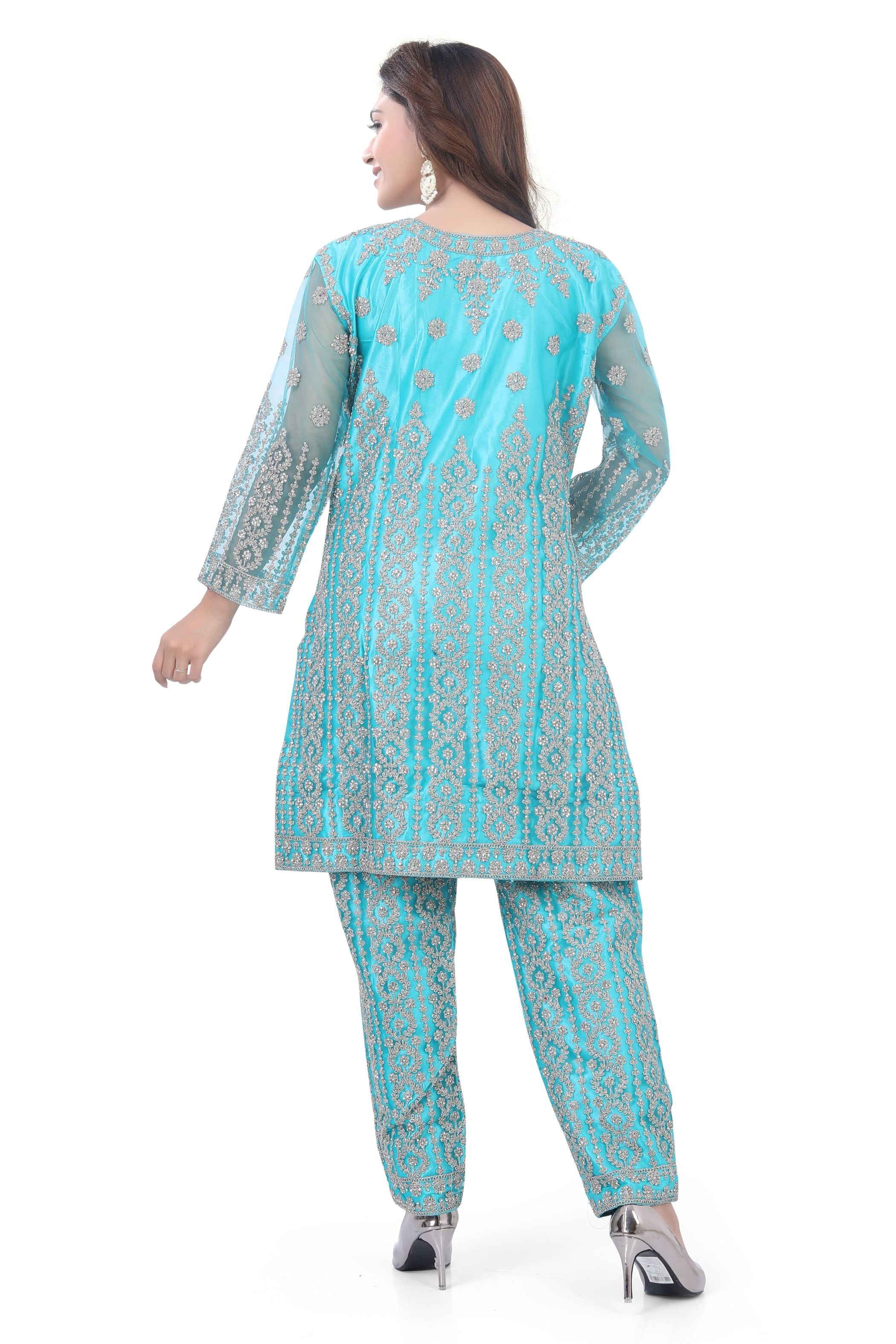 Light Blue Short Anarkali with Pencil Pant-1