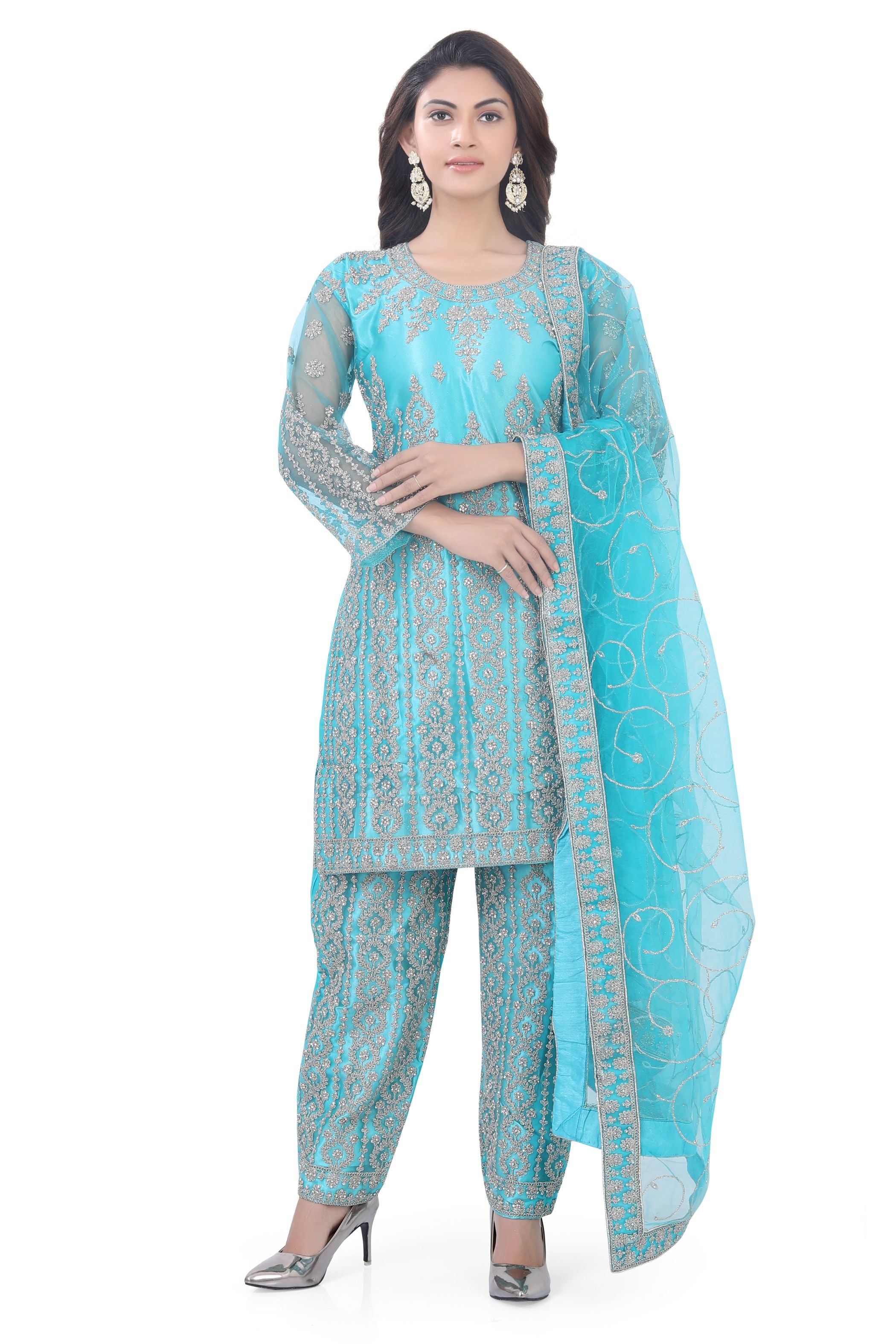 Light Blue Short Anarkali with Pencil Pant-1