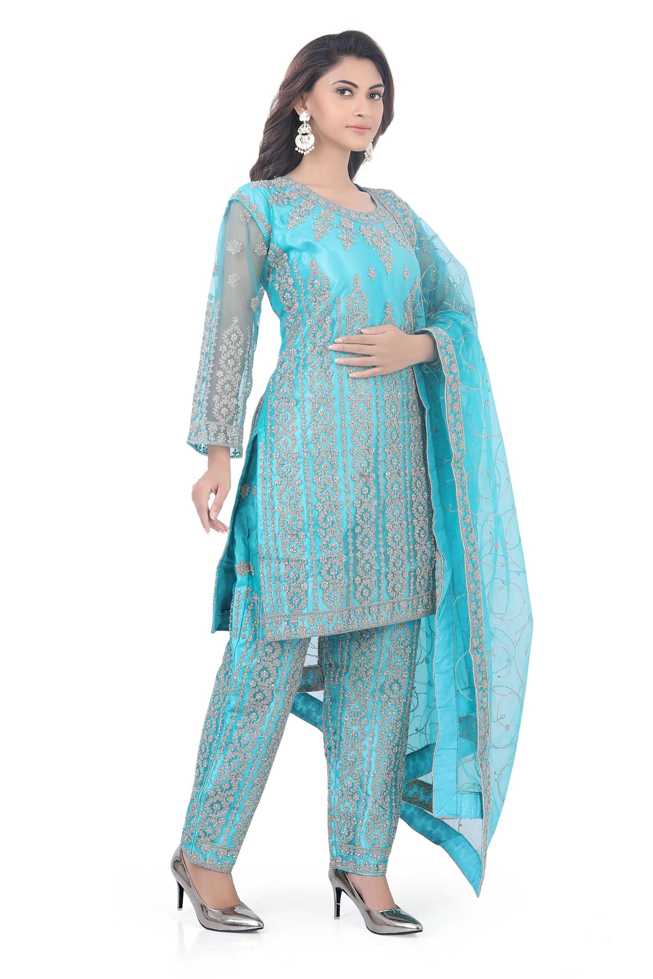 Light Blue Short Anarkali with Pencil Pant-1