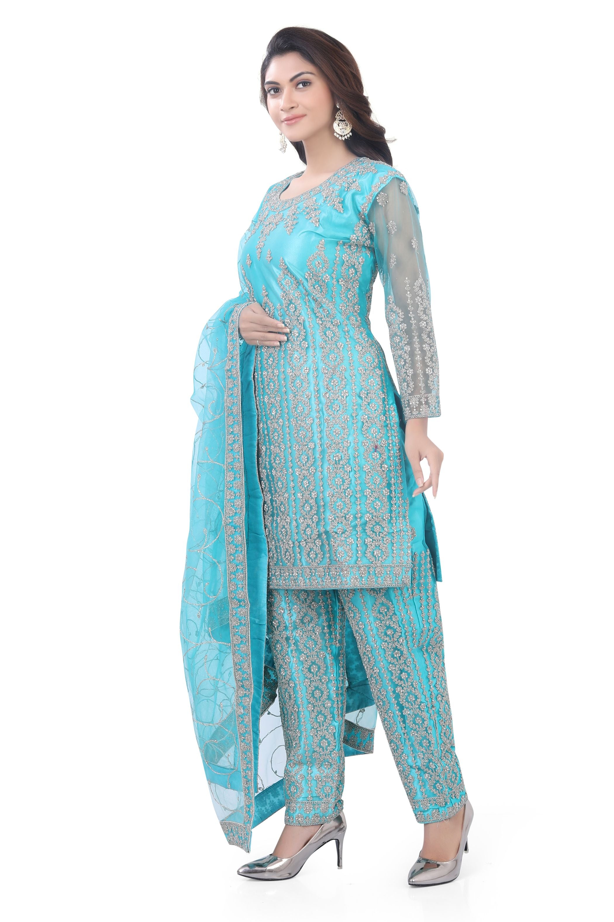 Light Blue Short Anarkali with Pencil Pant-1