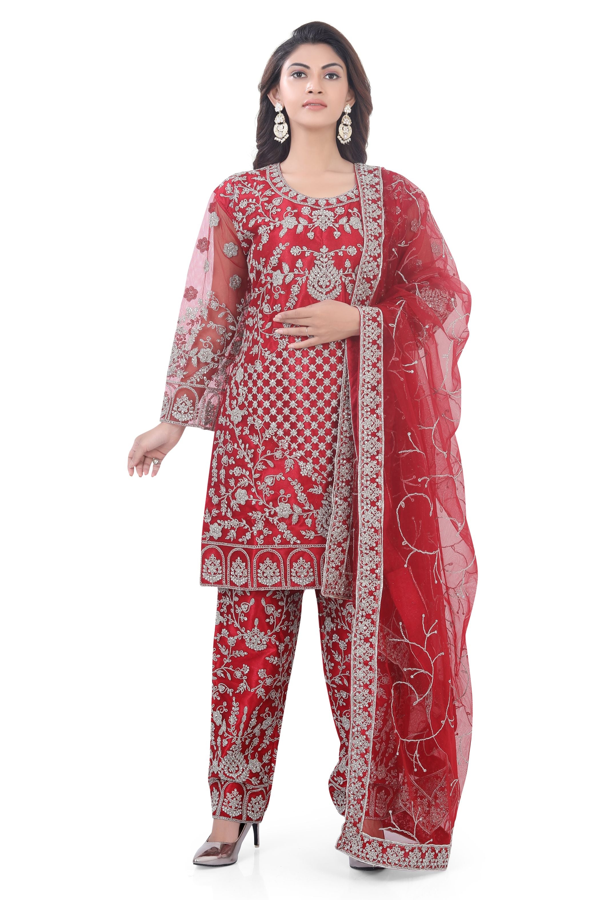 Red Short Anarkali with Pencil Pant-1 - Premium Festive Wear from Dulhan Exclusives - Just $535! Shop now at Dulhan Exclusives