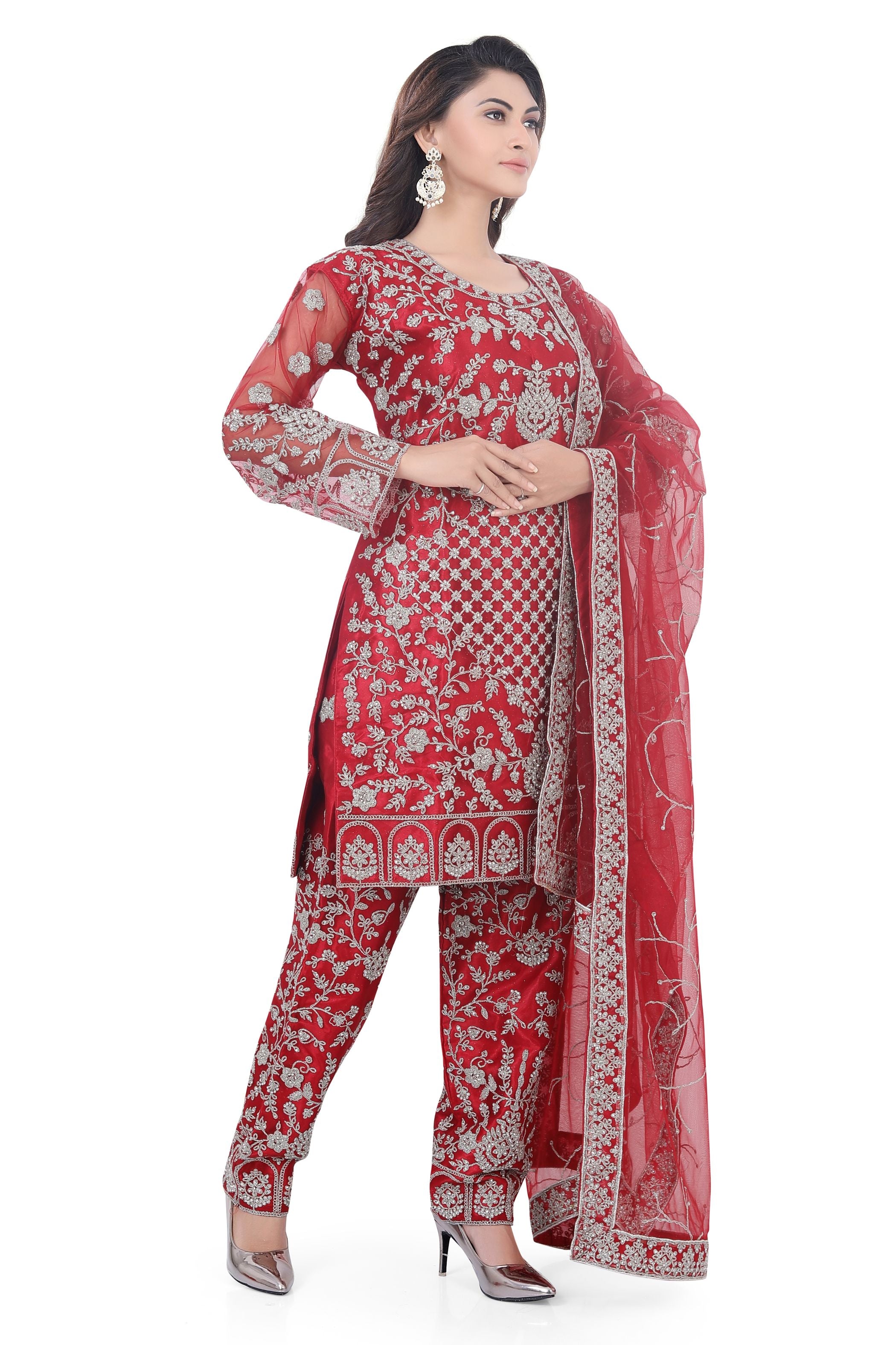 Red Short Anarkali with Pencil Pant-1