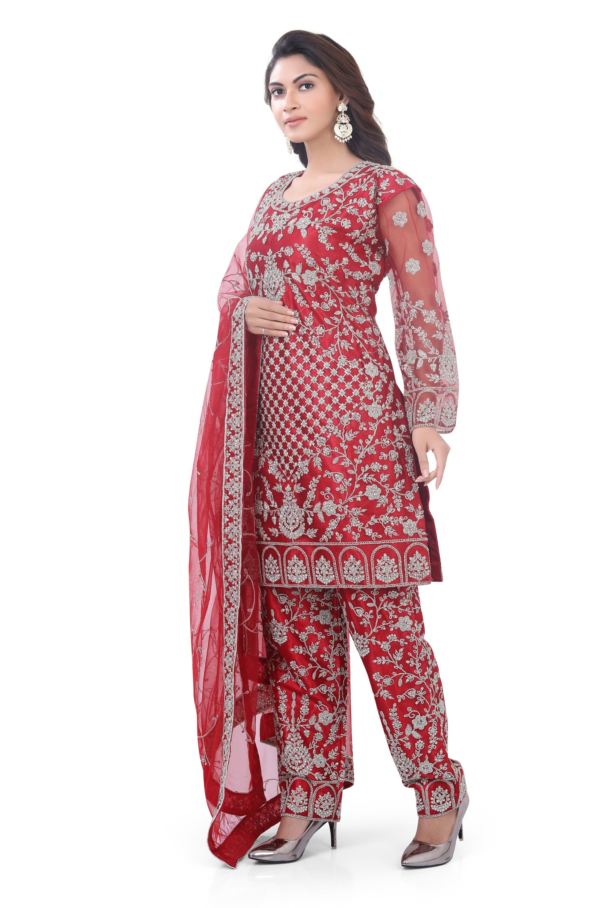 Red Short Anarkali with Pencil Pant-1