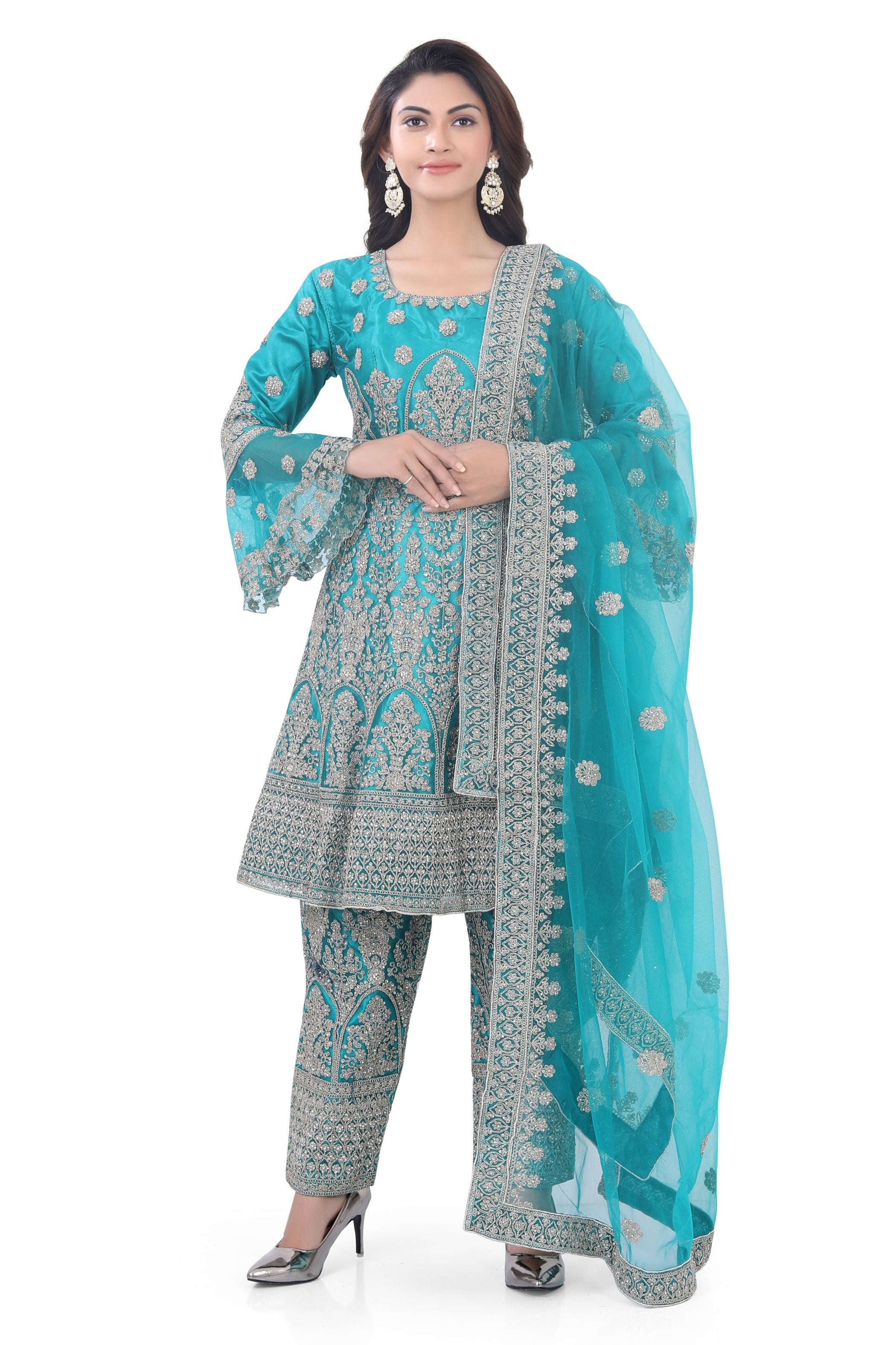 LIght Blue Short Anarkali with Pencil Pant-2