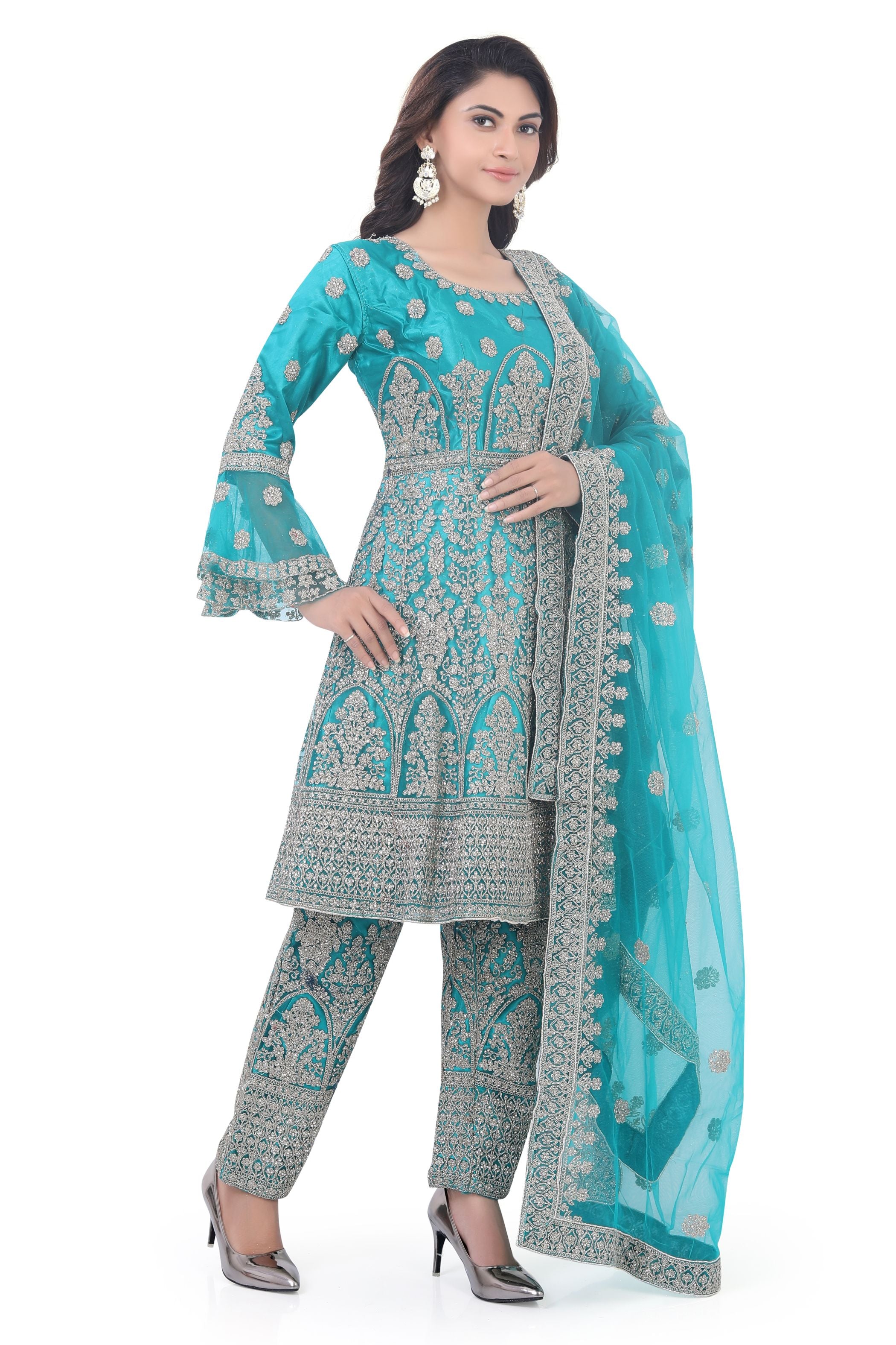 LIght Blue Short Anarkali with Pencil Pant-2