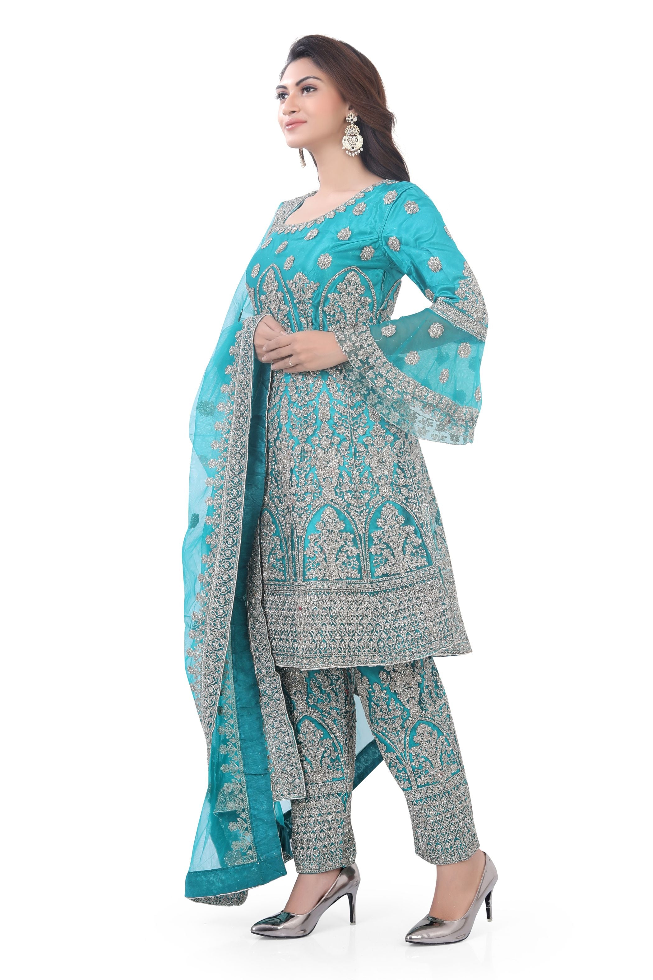 LIght Blue Short Anarkali with Pencil Pant-2