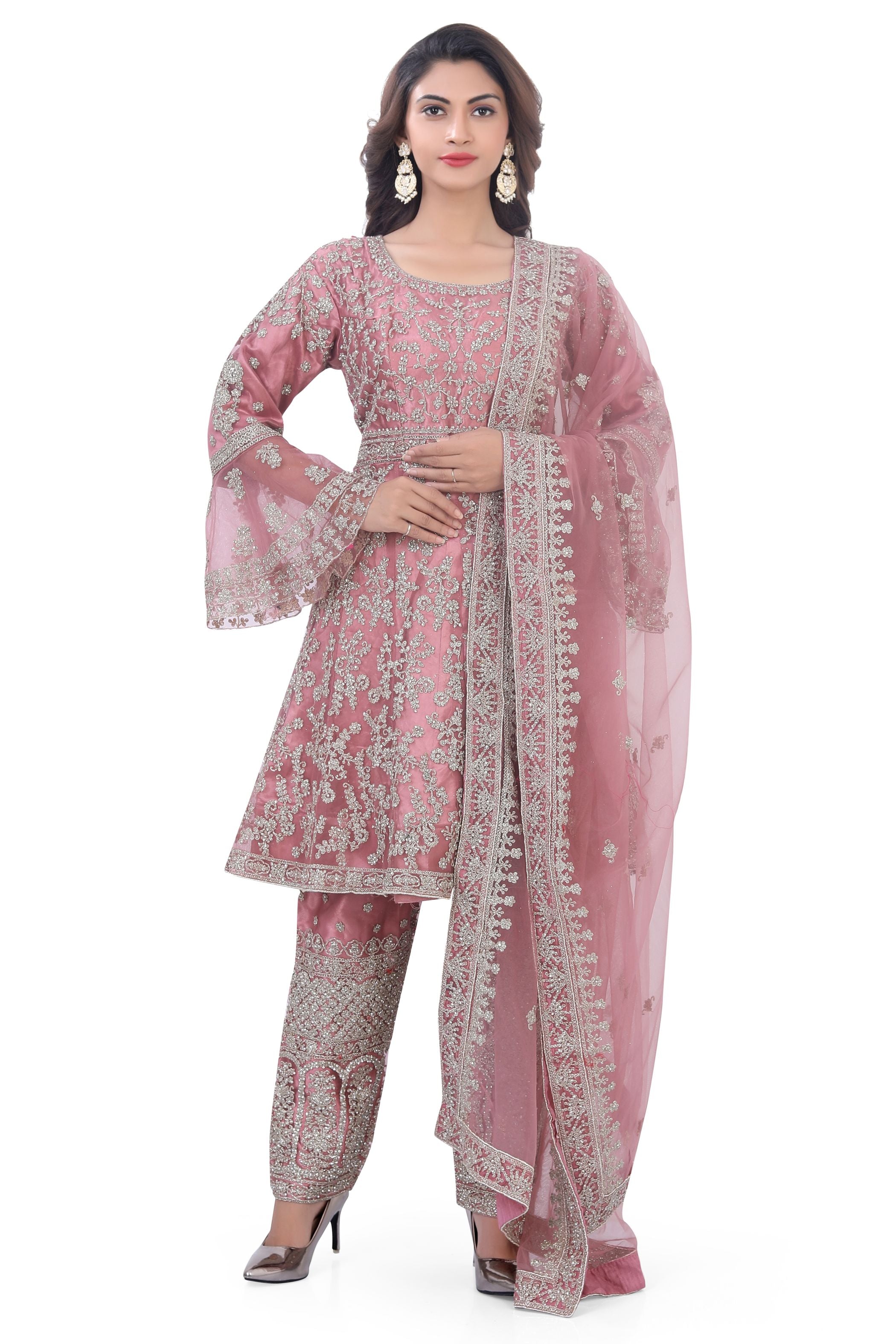 Peach Short Anarkali with Pencil Pant-1