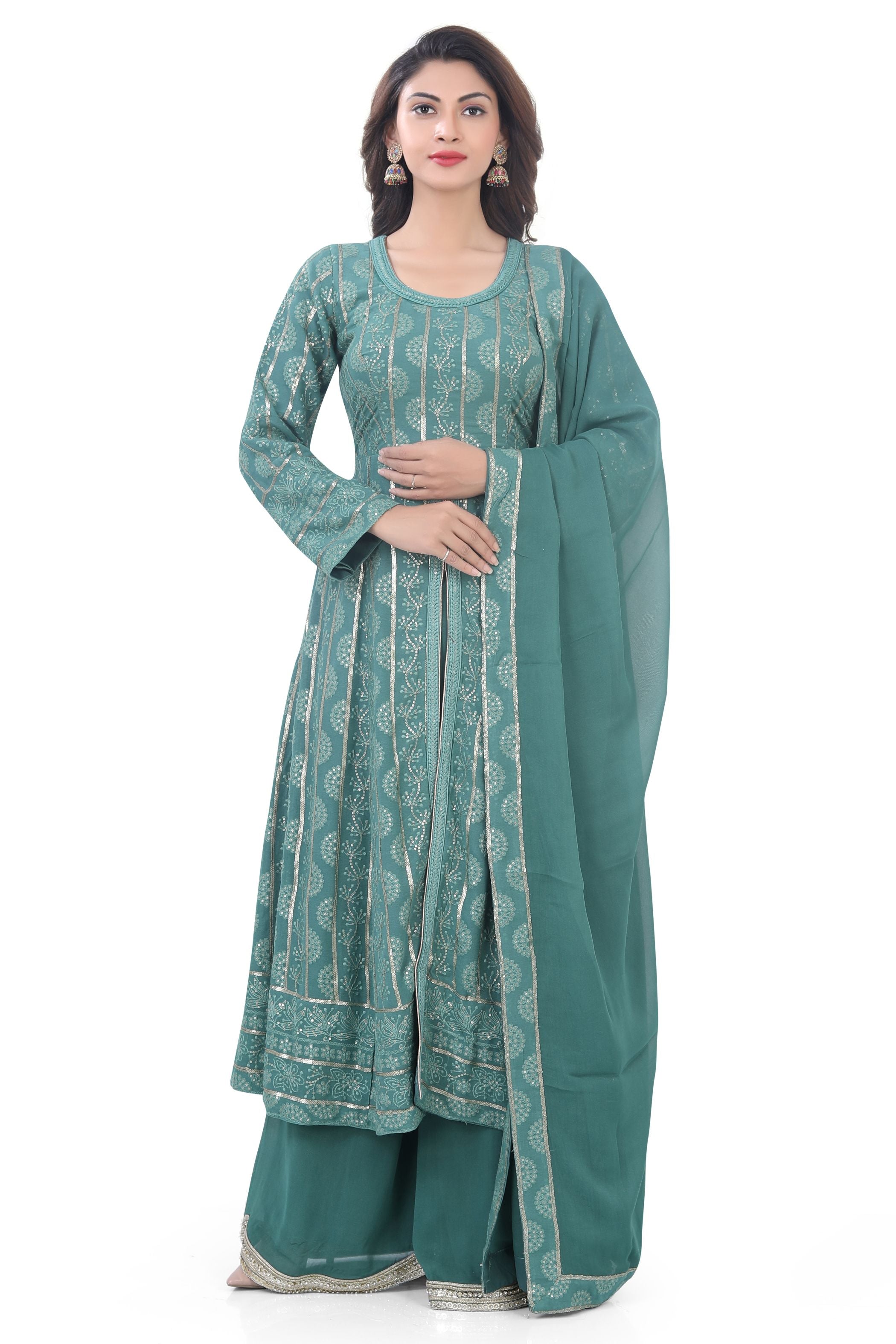 Dusty Green Chikankari Indo Western Dress