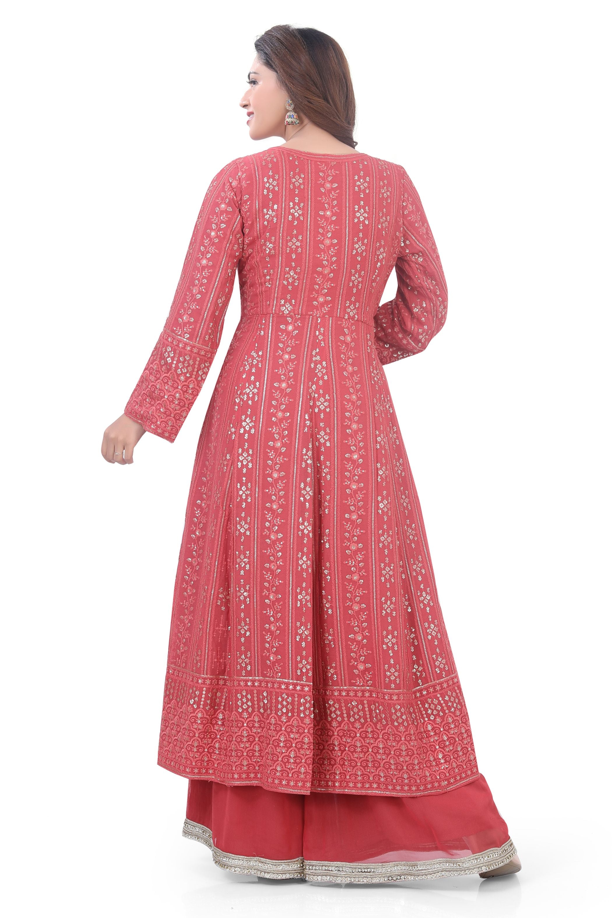 Designer Tomato Red Chiknkari Indo Western Dress with plazzo