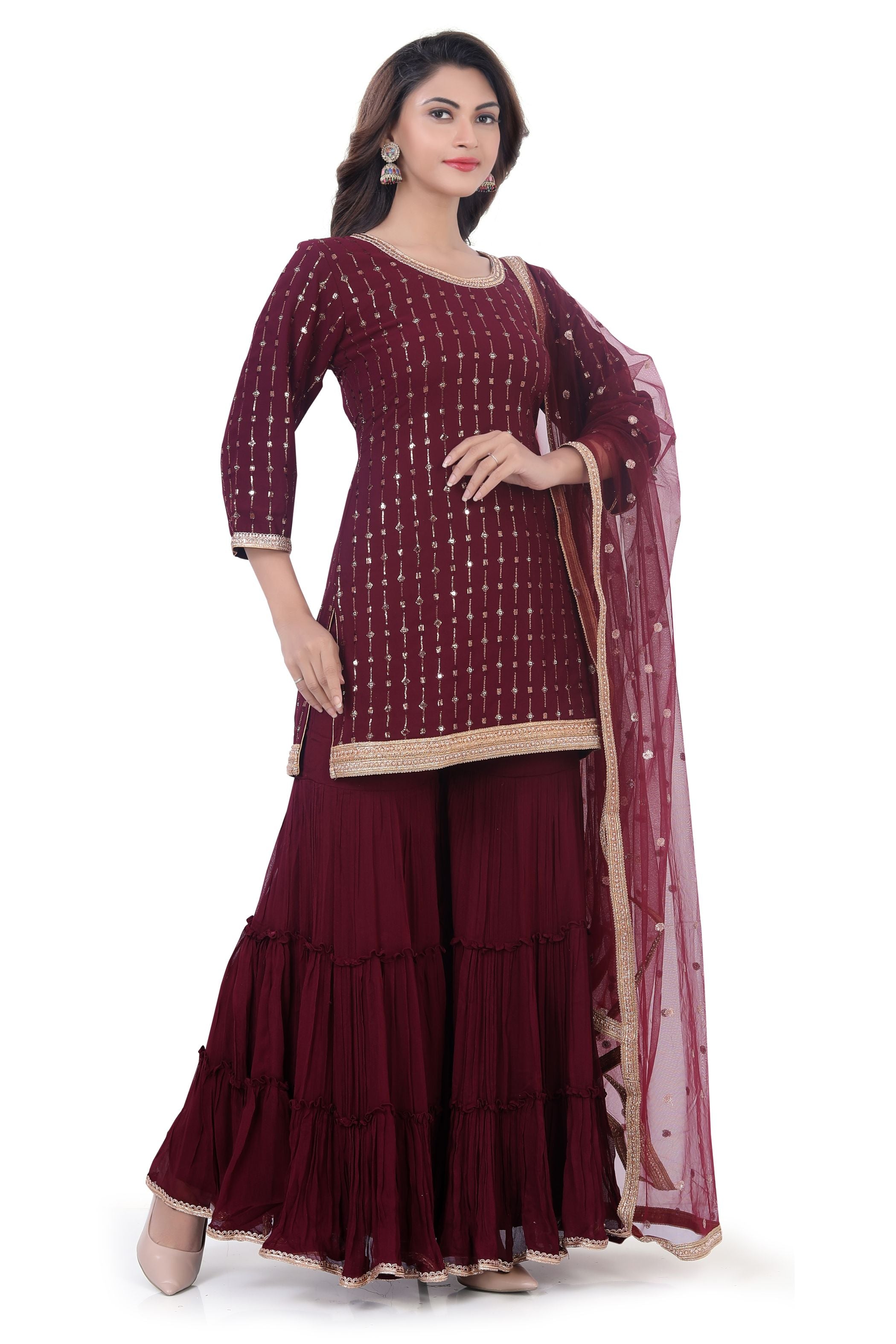 Wine Georgette Gharara Suit