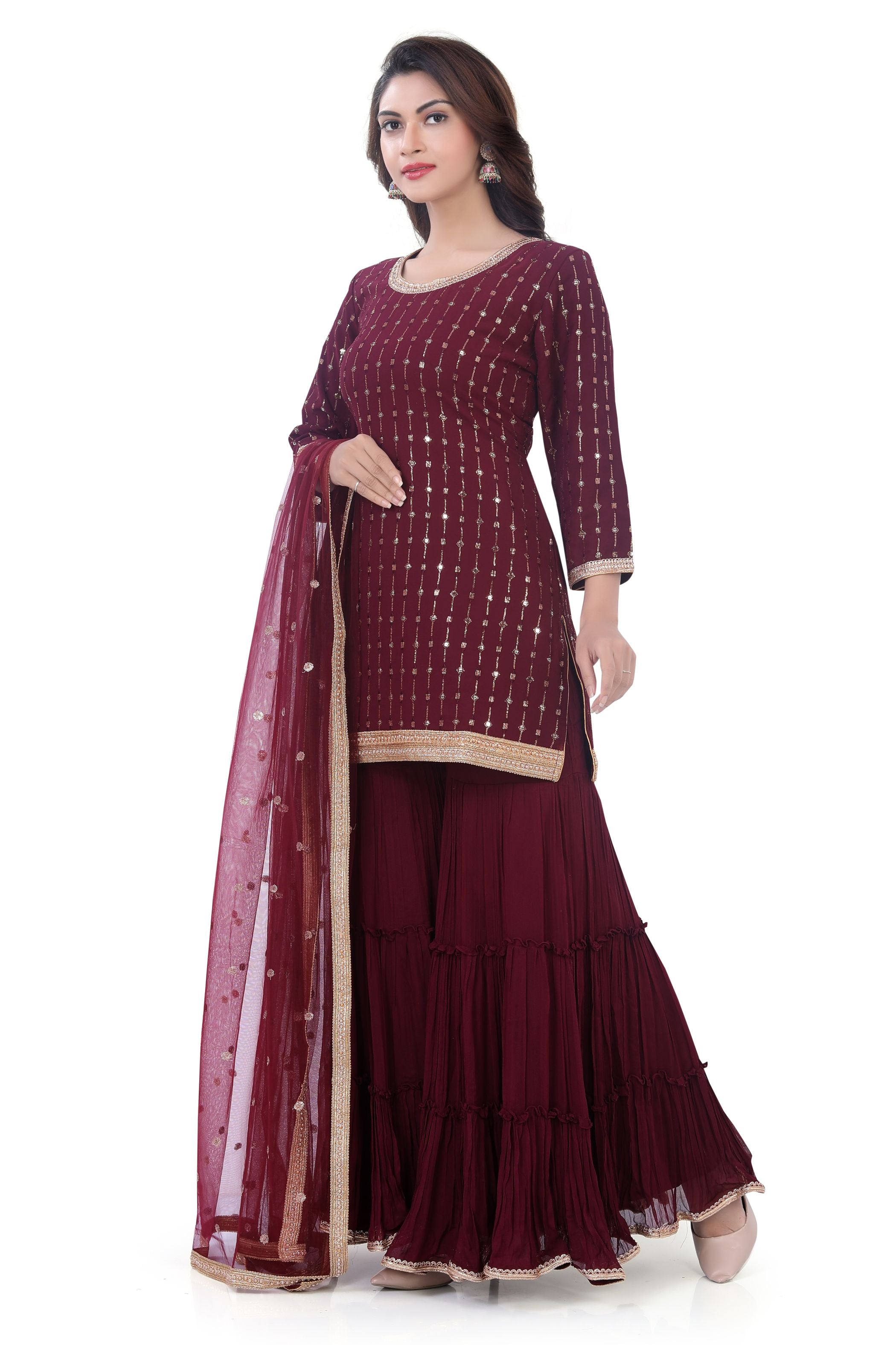 Wine Georgette Gharara Suit