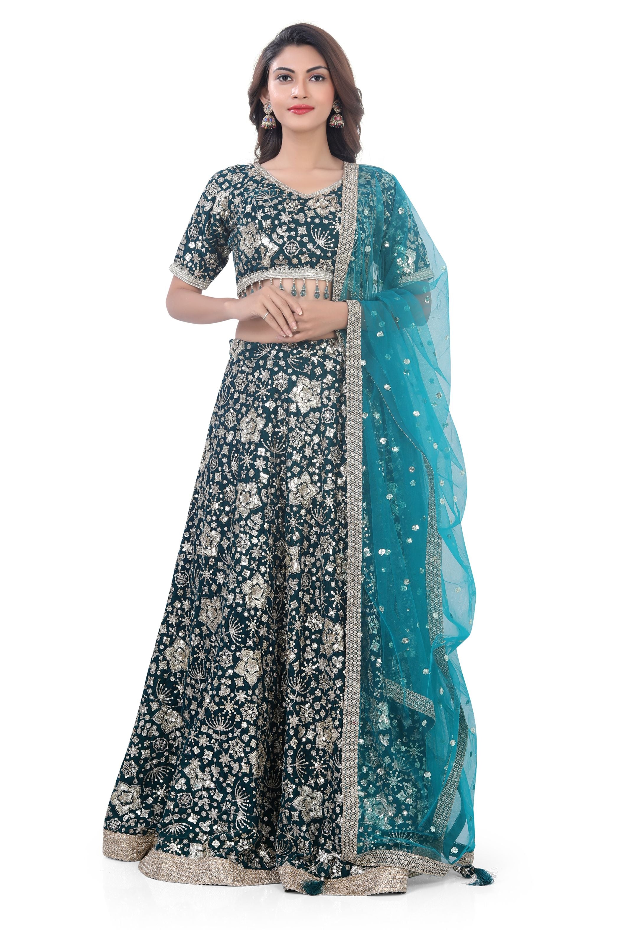 Rama Green-Jaal Embroidery Lehenga Choli