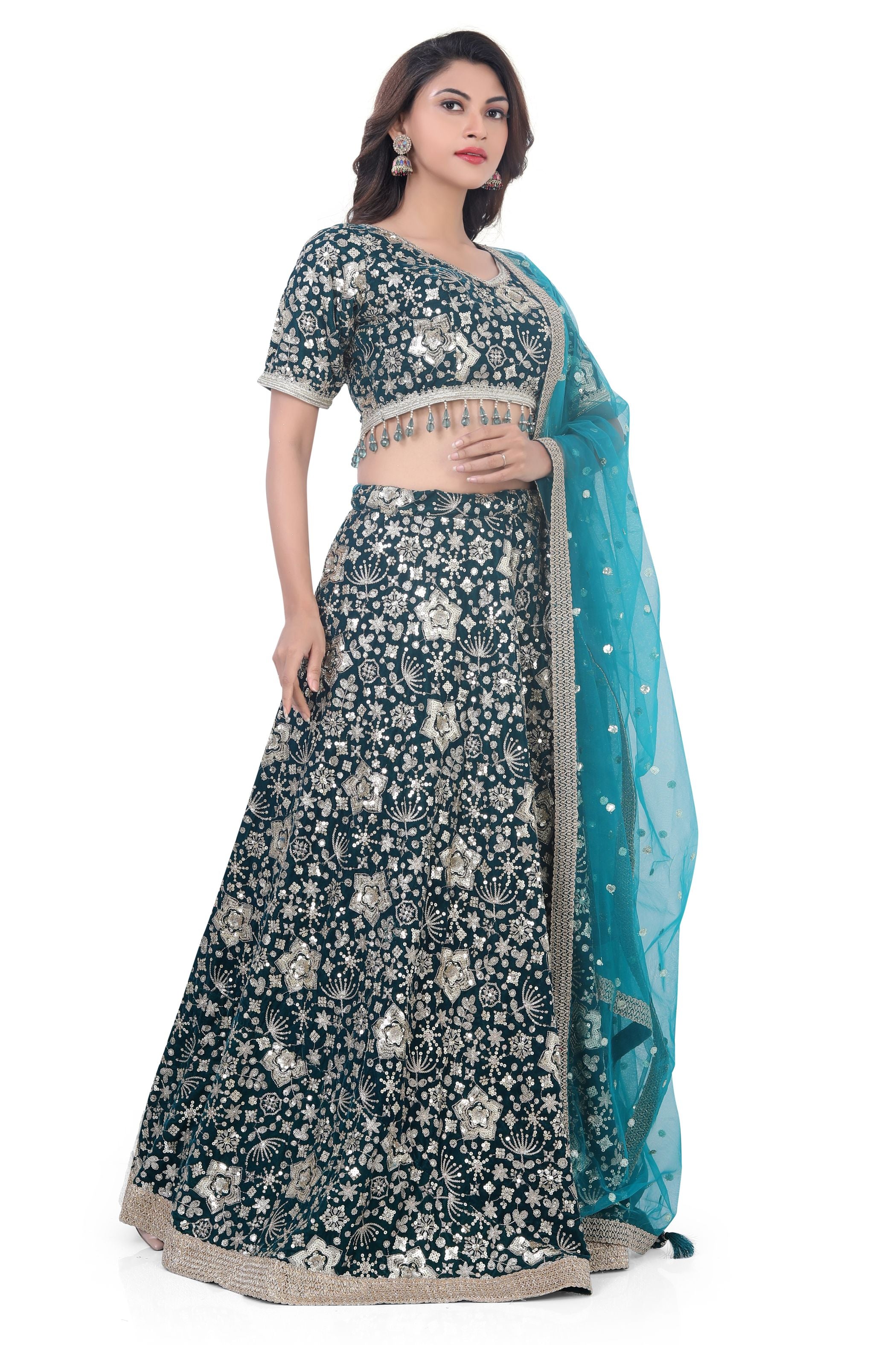 Rama Green-Jaal Embroidery Lehenga Choli