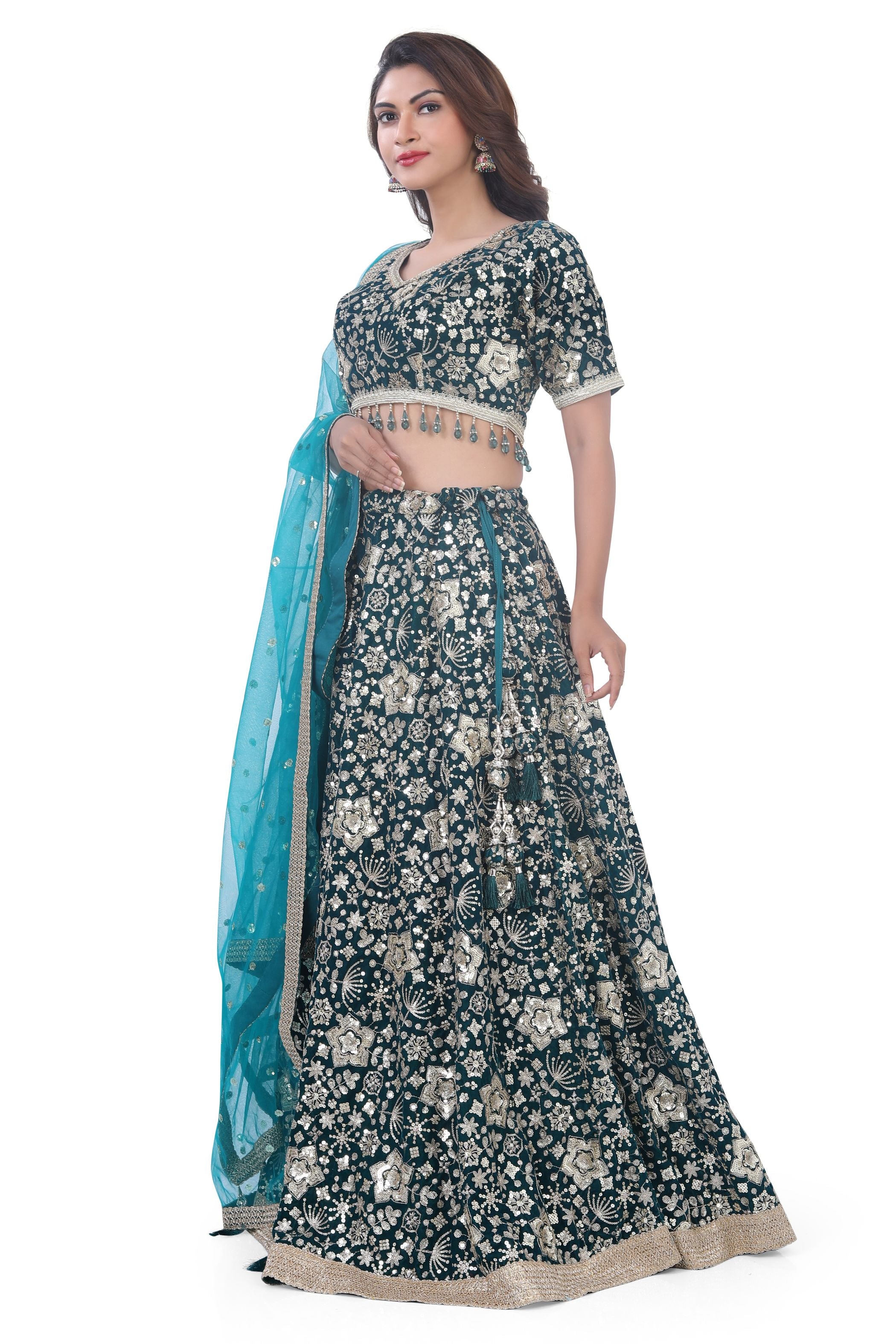 Rama Green-Jaal Embroidery Lehenga Choli