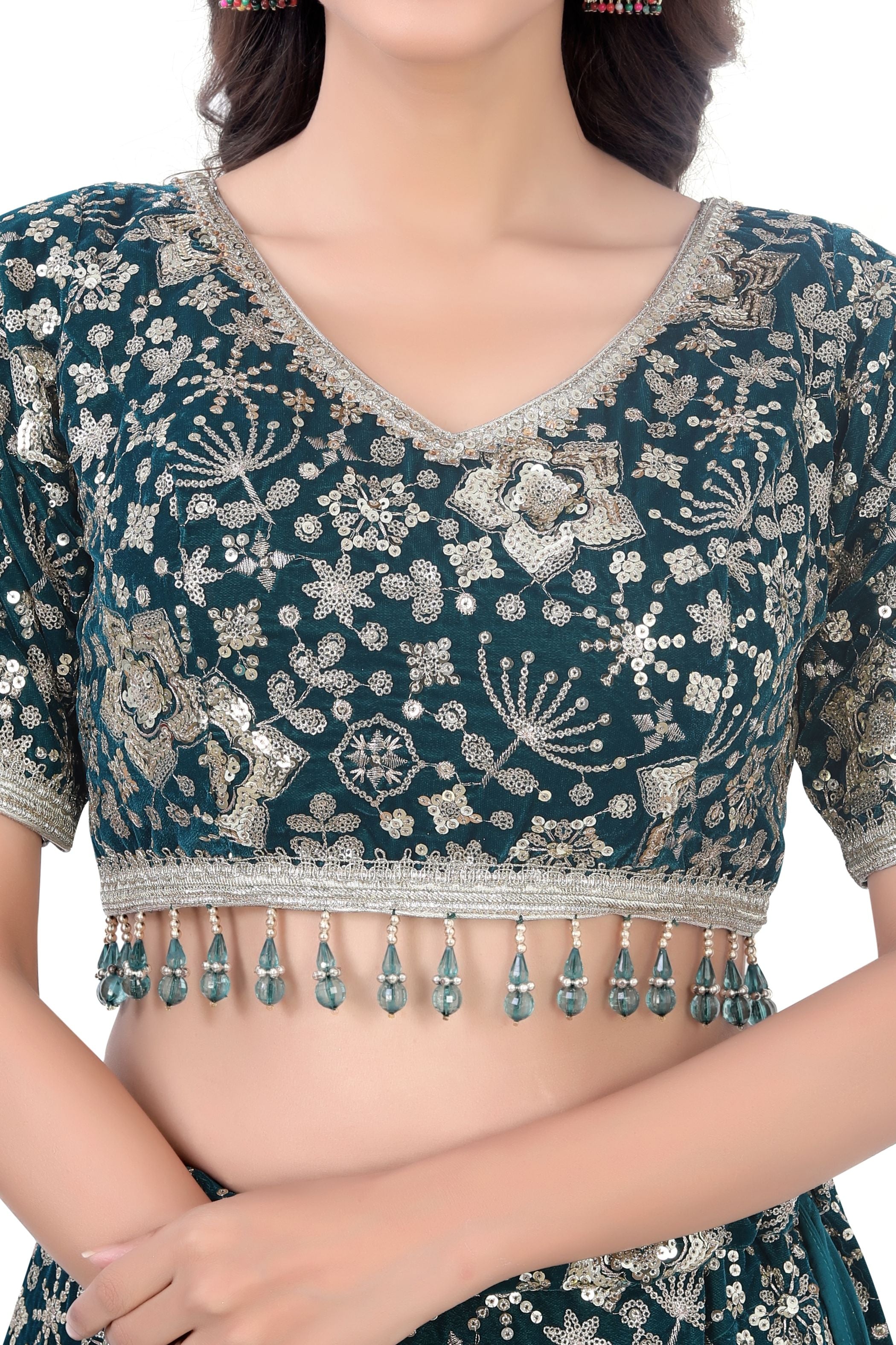 Rama Green-Jaal Embroidery Lehenga Choli