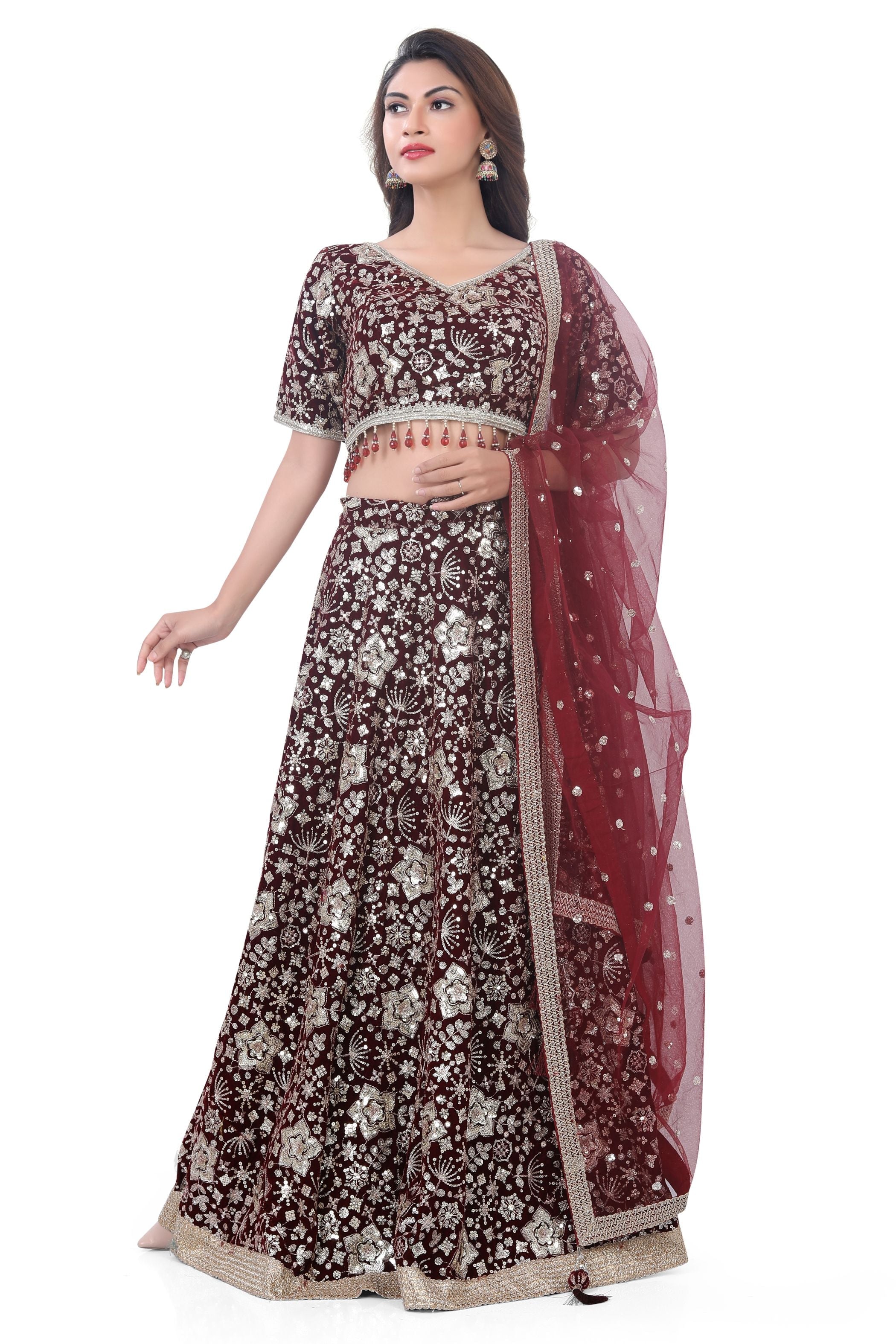 Maroon-Jaal Embroidery Lehenga Choli