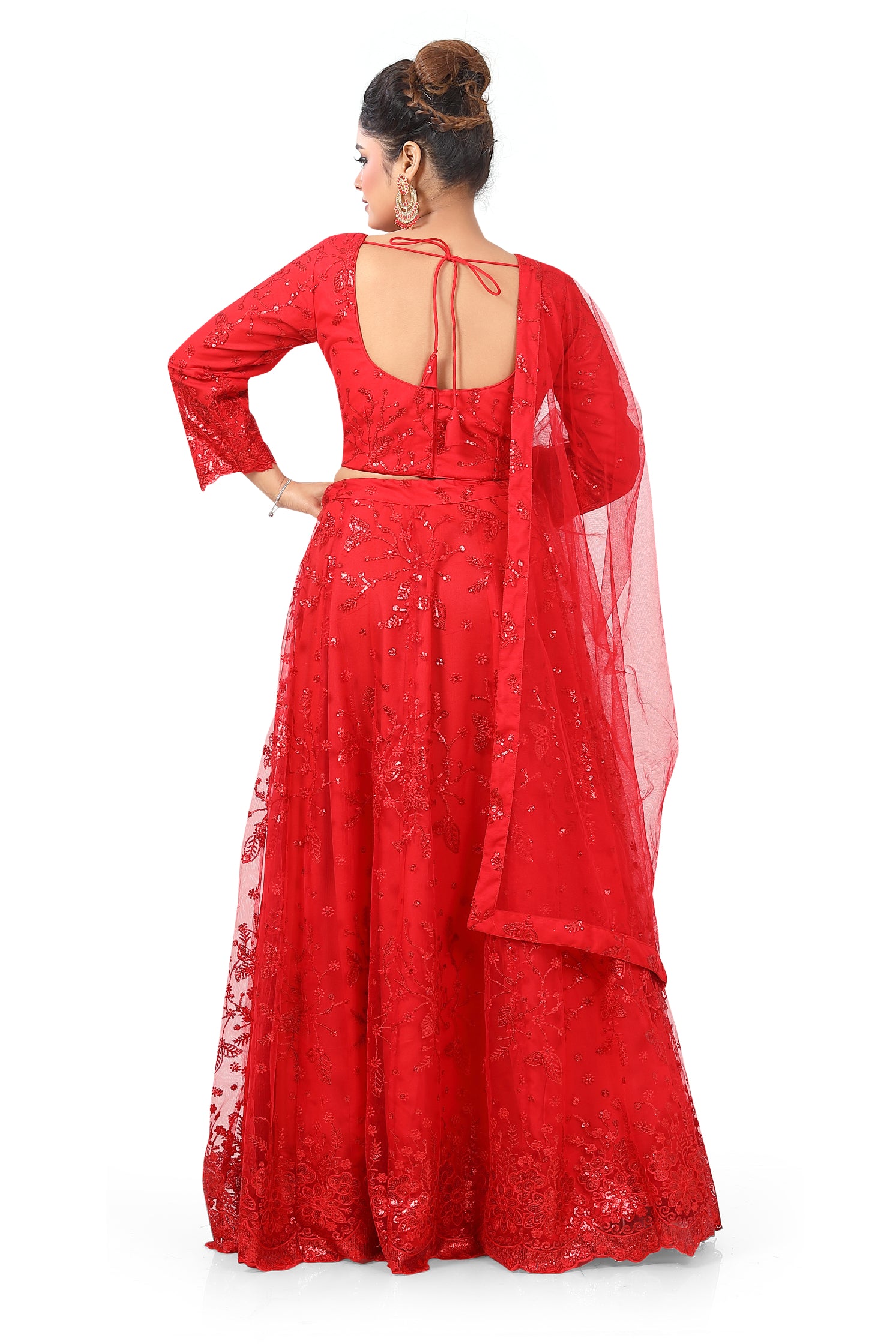 Red Embroidered Net Lehenga Choli