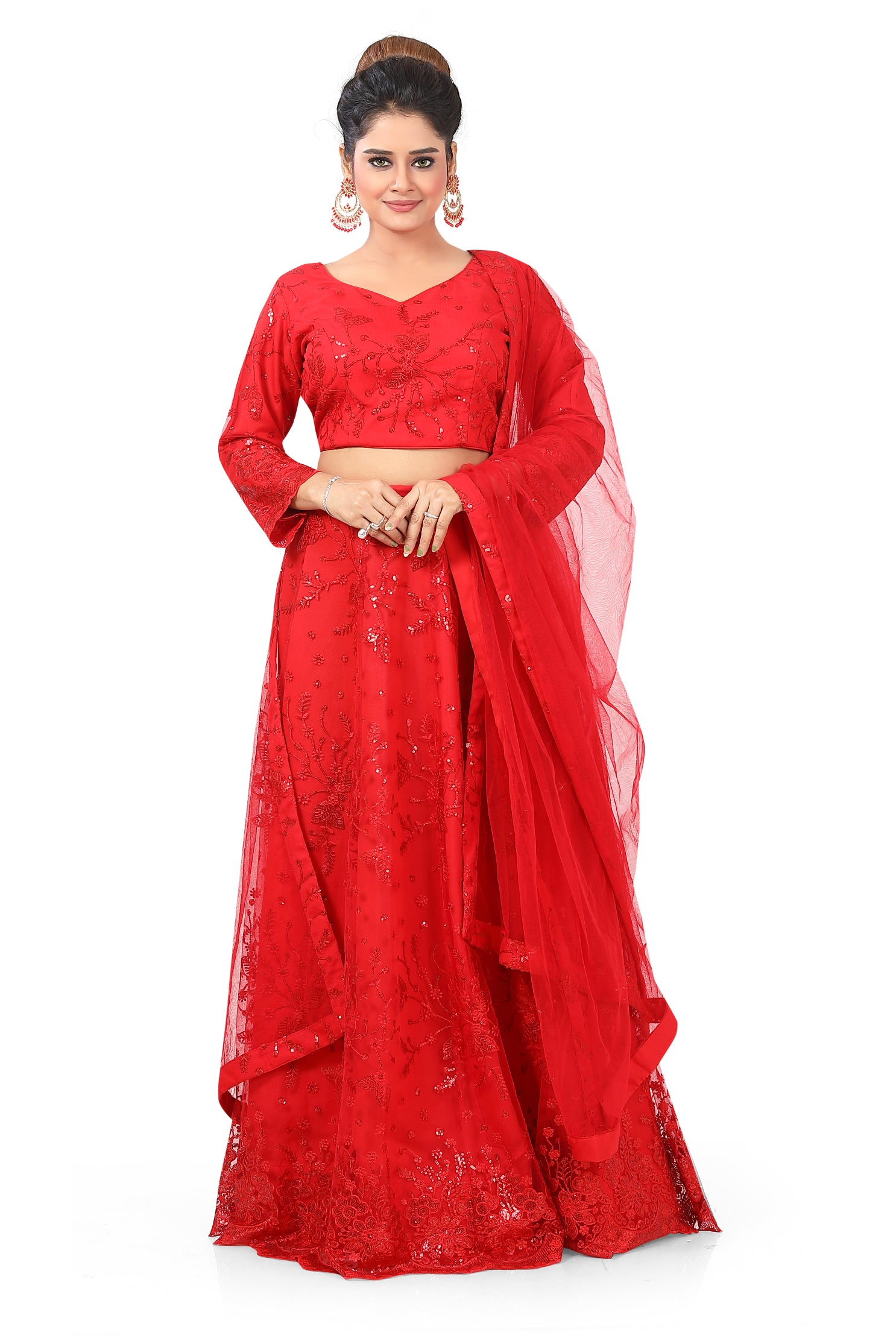 Red Embroidered Net Lehenga Choli