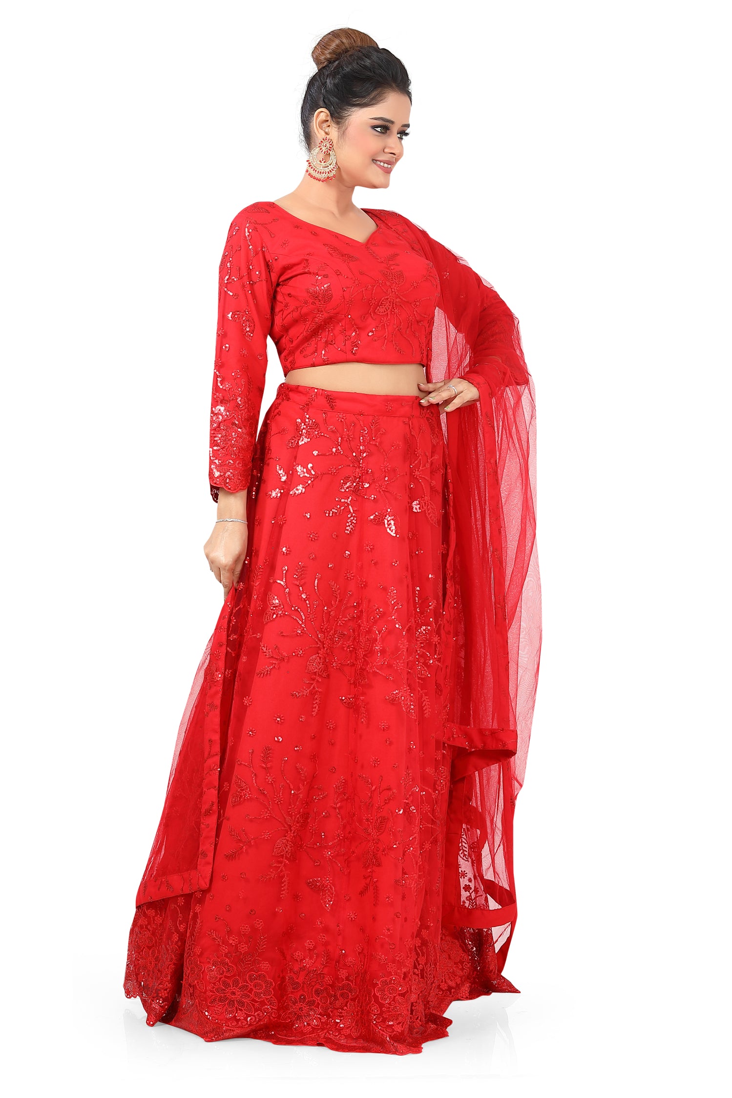 Red Embroidered Net Lehenga Choli