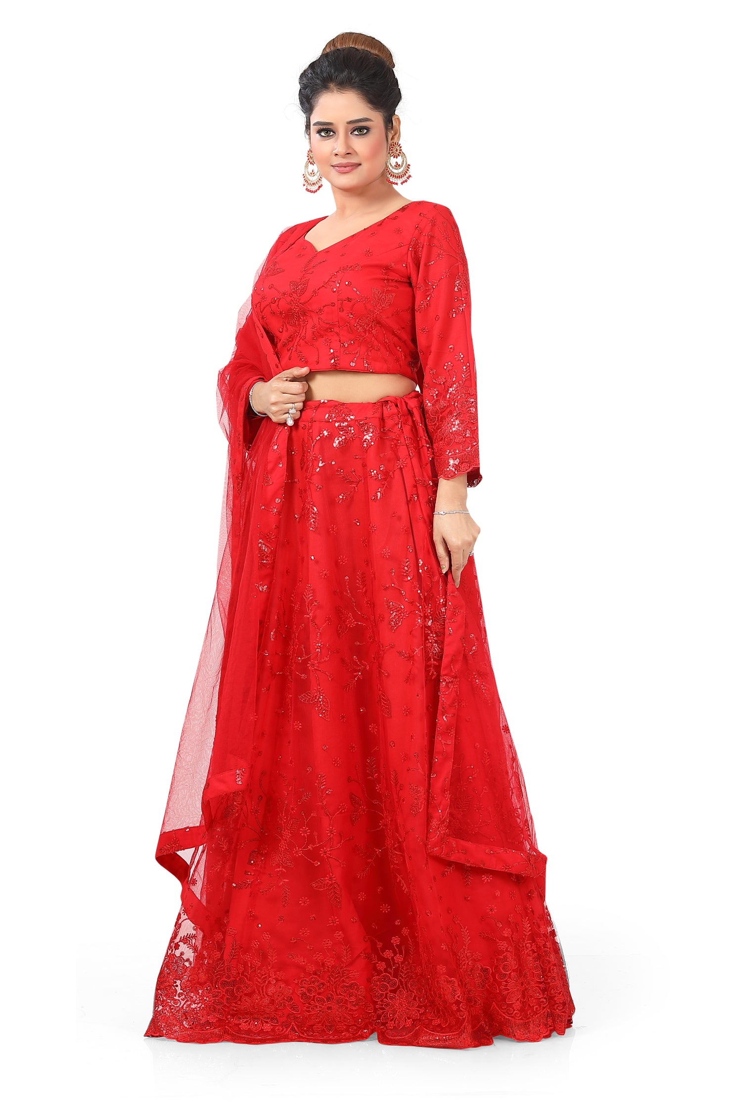 Red Embroidered Net Lehenga Choli