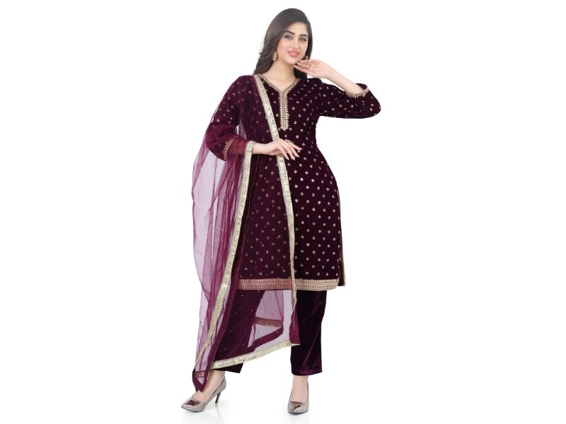 Wine Velvet dress - Premium Festive Wear from Dulhan Exclusives - Just $225! Shop now at Dulhan Exclusives