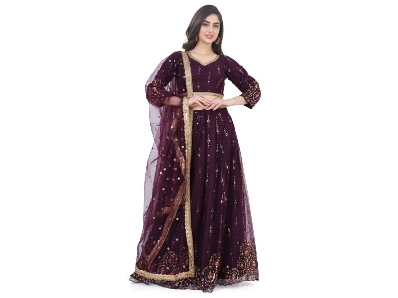 Net Lehenga Choli-Wine Color