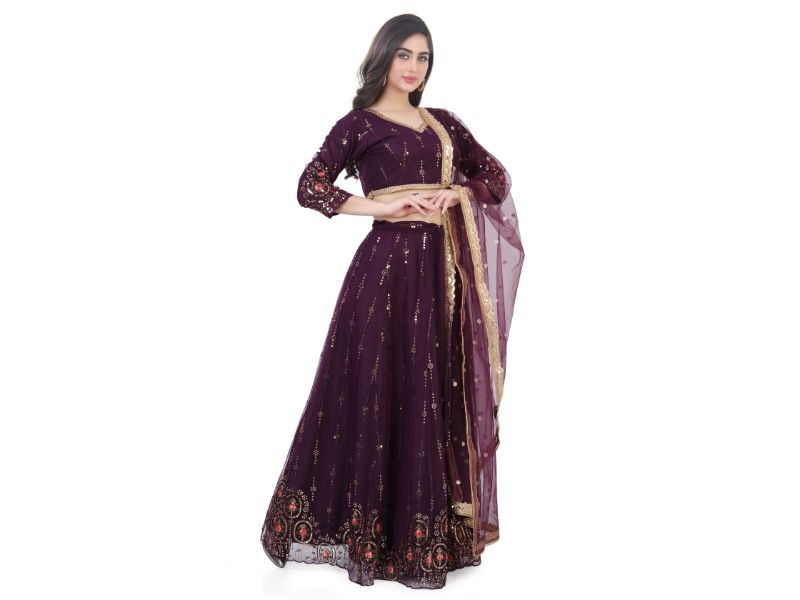 Net Lehenga Choli-Wine Color