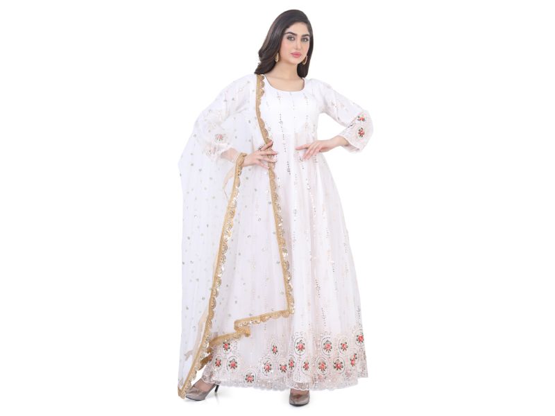 White Floor Length Anarkali Gown in Net