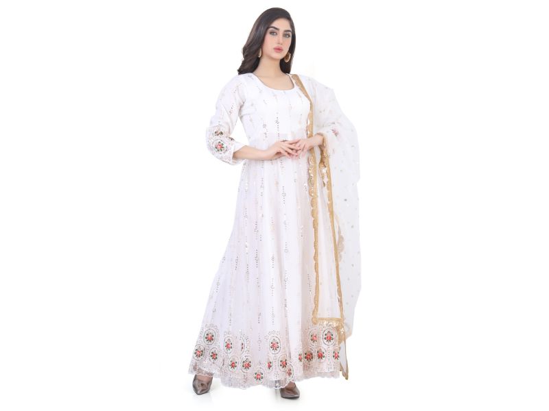 White Floor Length Anarkali Gown in Net