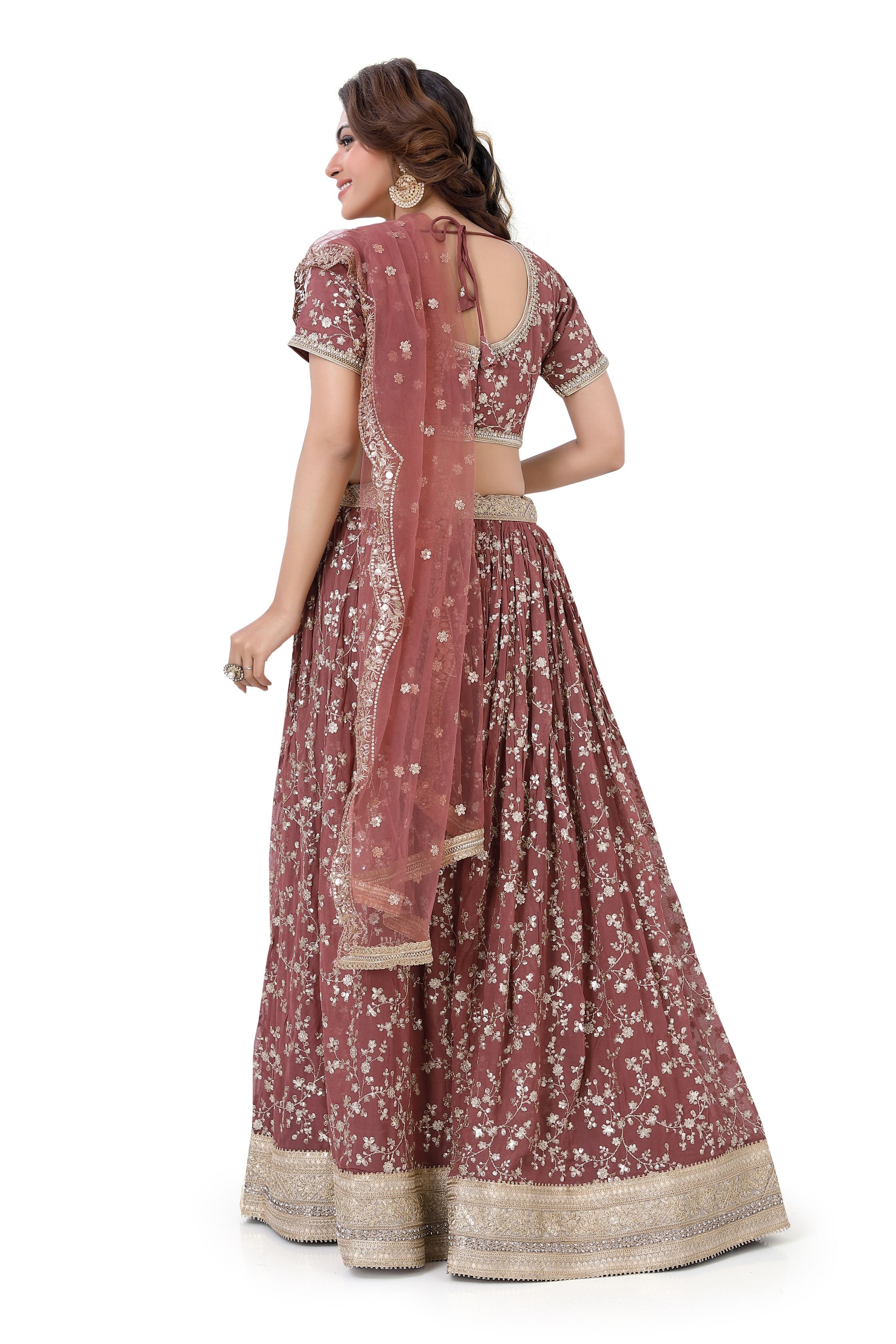 Dusty Brown-Jaal Embroidery Lehenga Choli - Premium Partywear Lehenga from Dulhan Exclusives - Just $375! Shop now at Dulhan Exclusives
