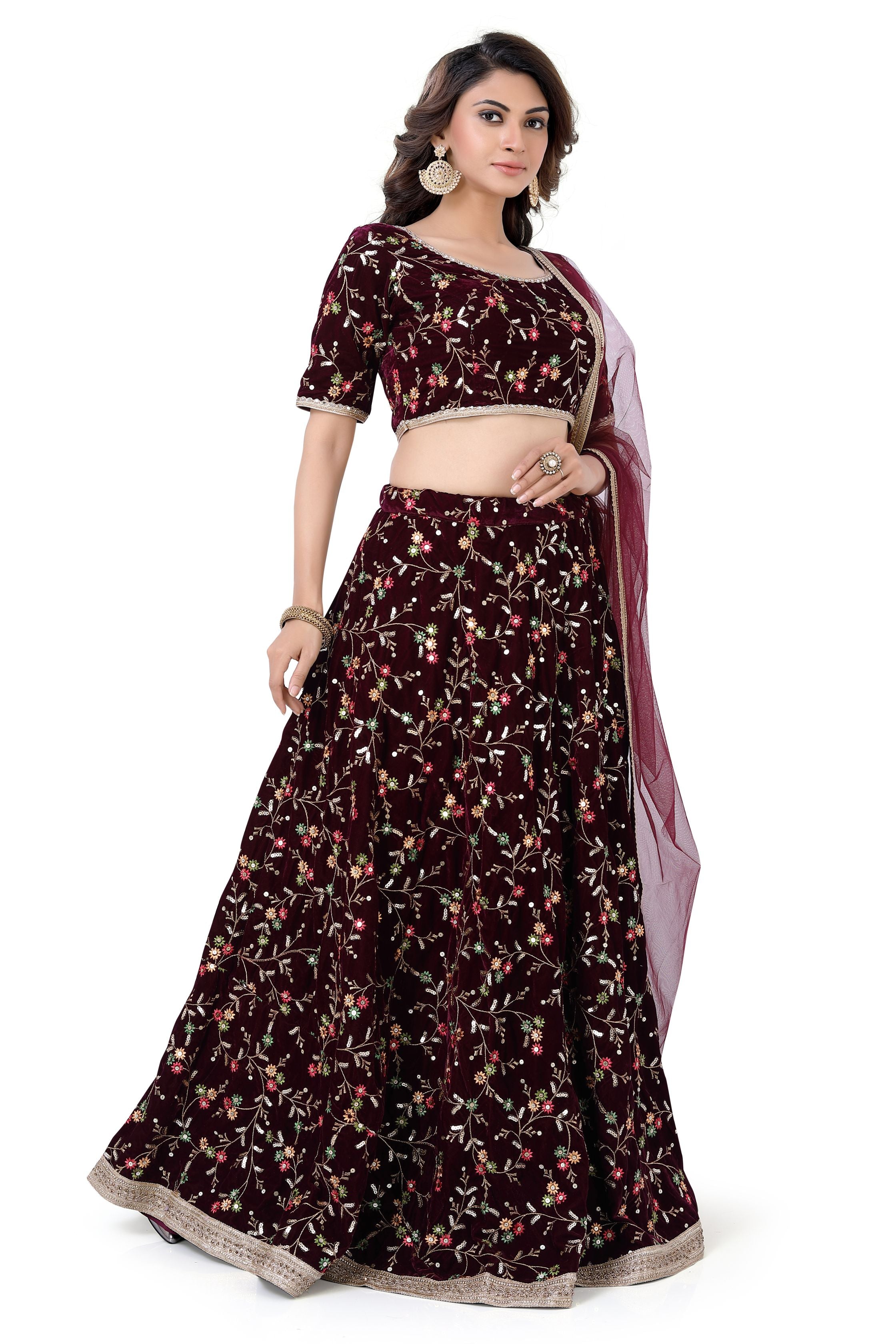 Wine-Jaal Embroidery Lehenga Choli