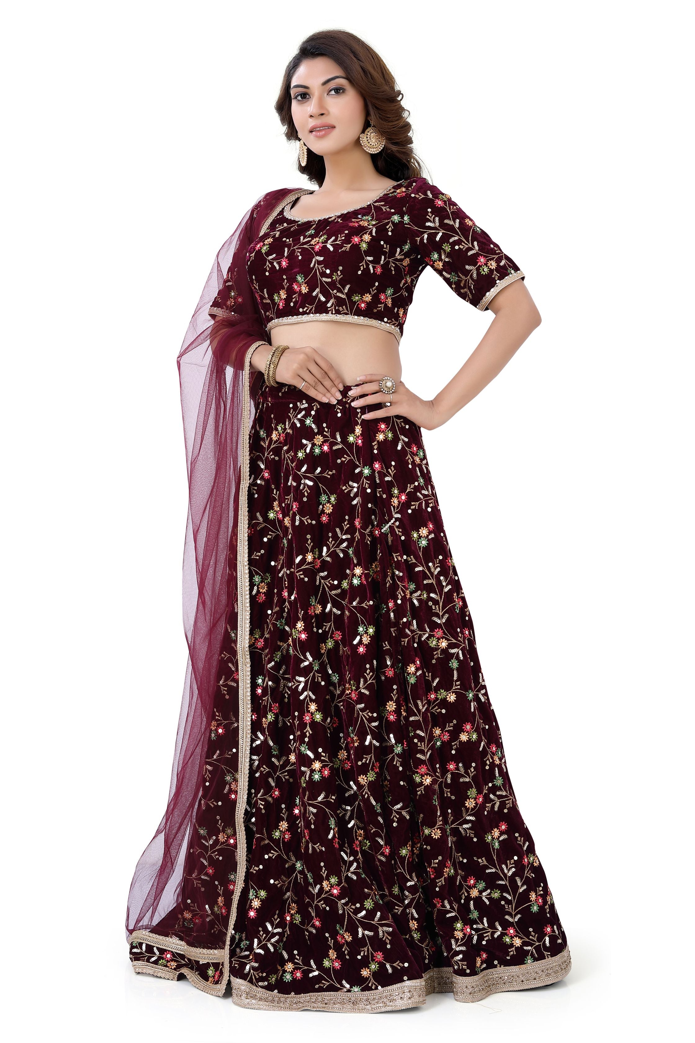 Wine-Jaal Embroidery Lehenga Choli