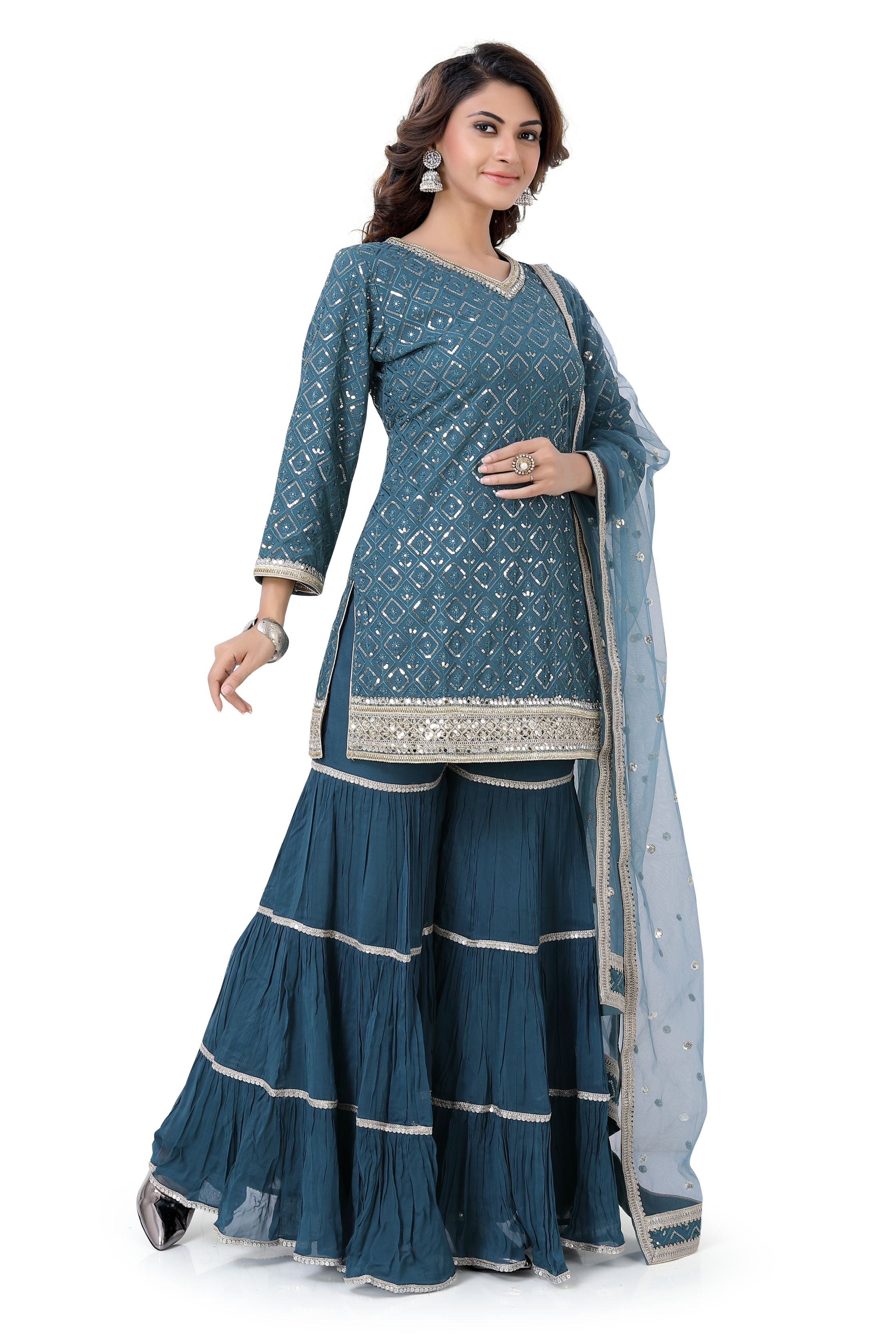 Peacock Blue Georgette Gharara Suit