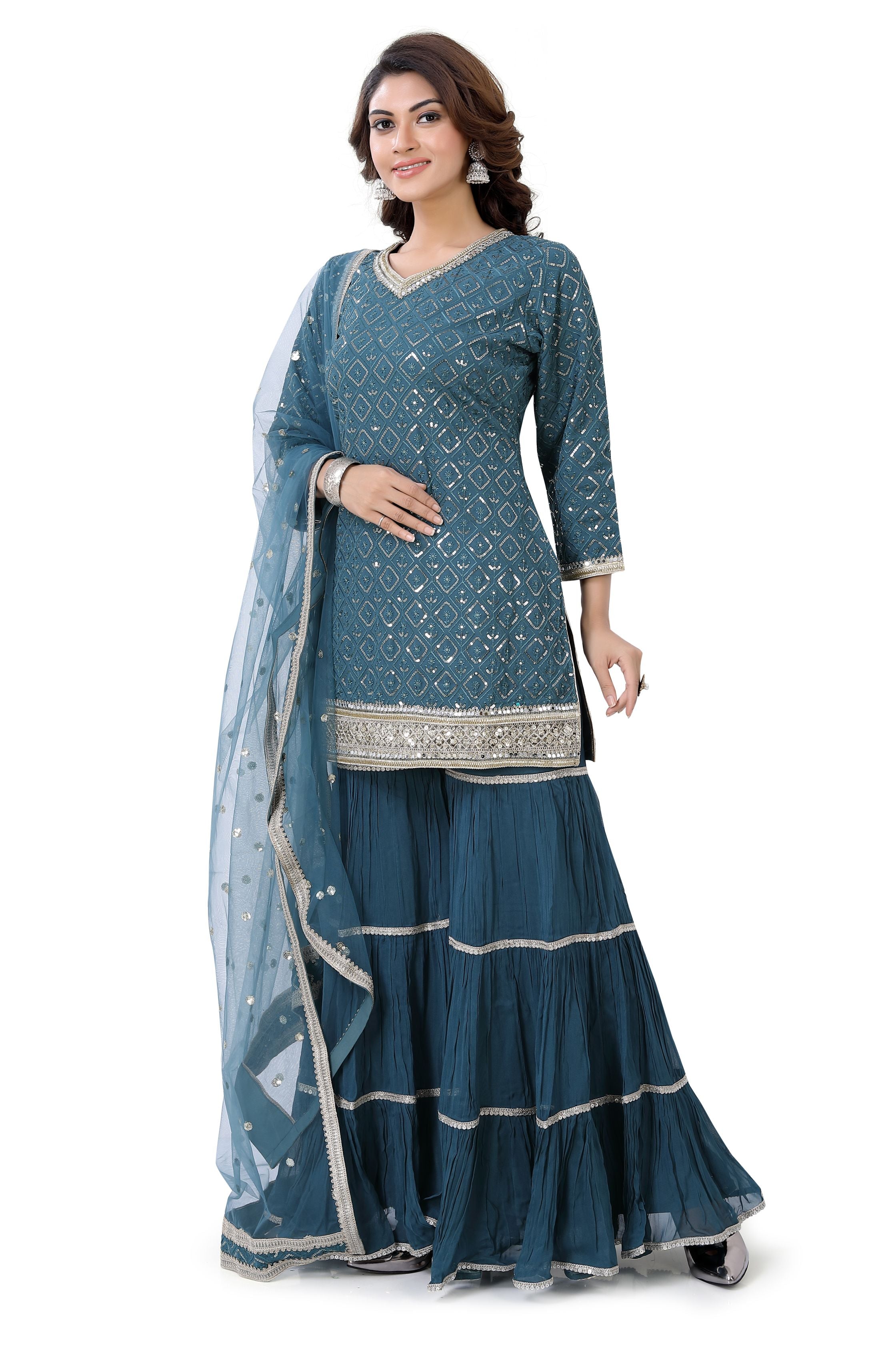 Peacock Blue Georgette Gharara Suit