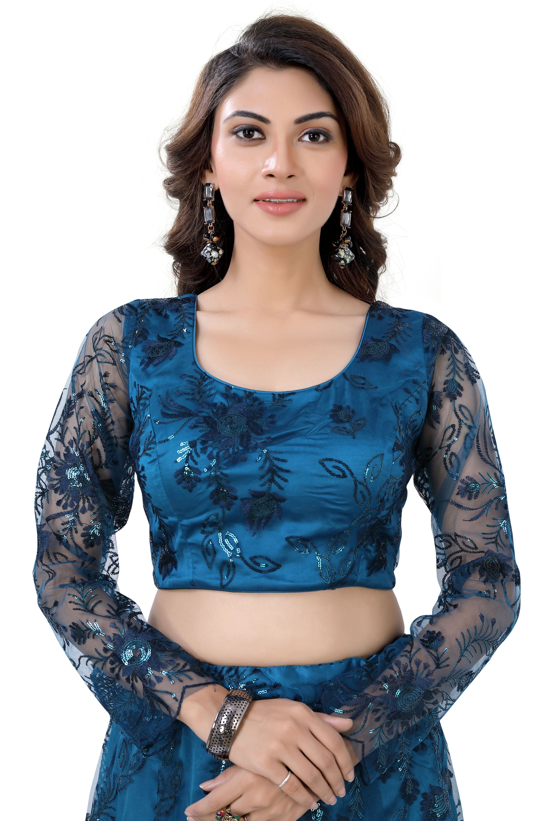Peacock Blue Partywear Embroidered Net Lehenga Choli