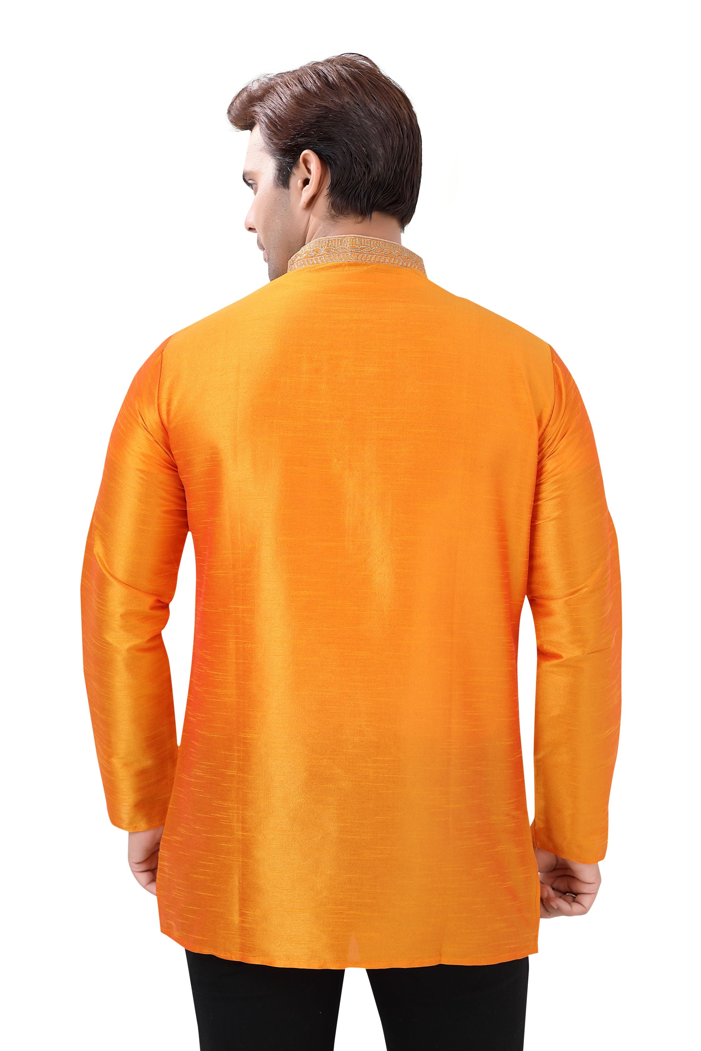 Banarasi Dupion Silk Short Kurta with embroidery in Orange Color