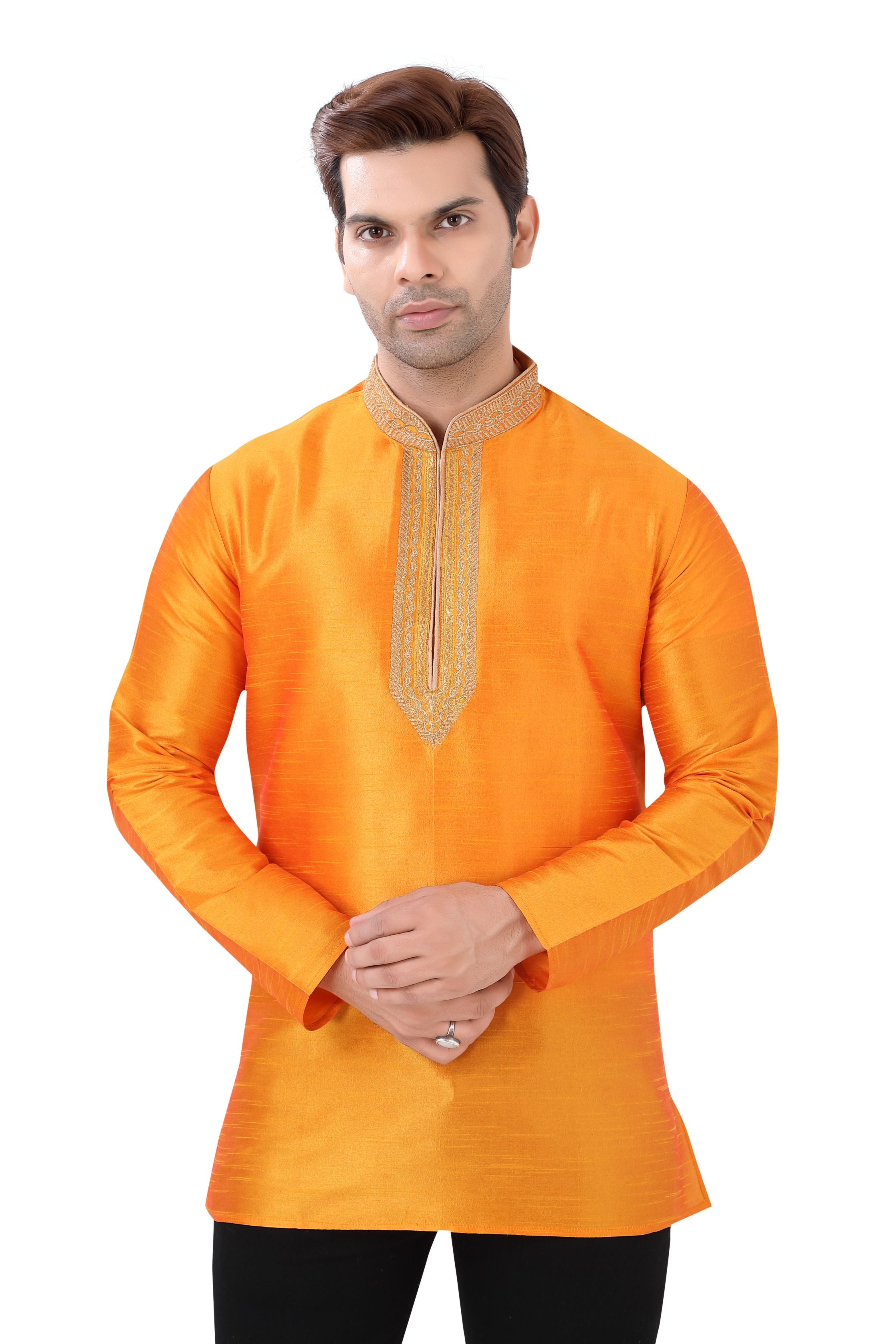 Banarasi Dupion Silk Short Kurta with embroidery in Orange Color - Premium kurta pajama from Dapper Ethnic - Just $49! Shop now at Dulhan Exclusives