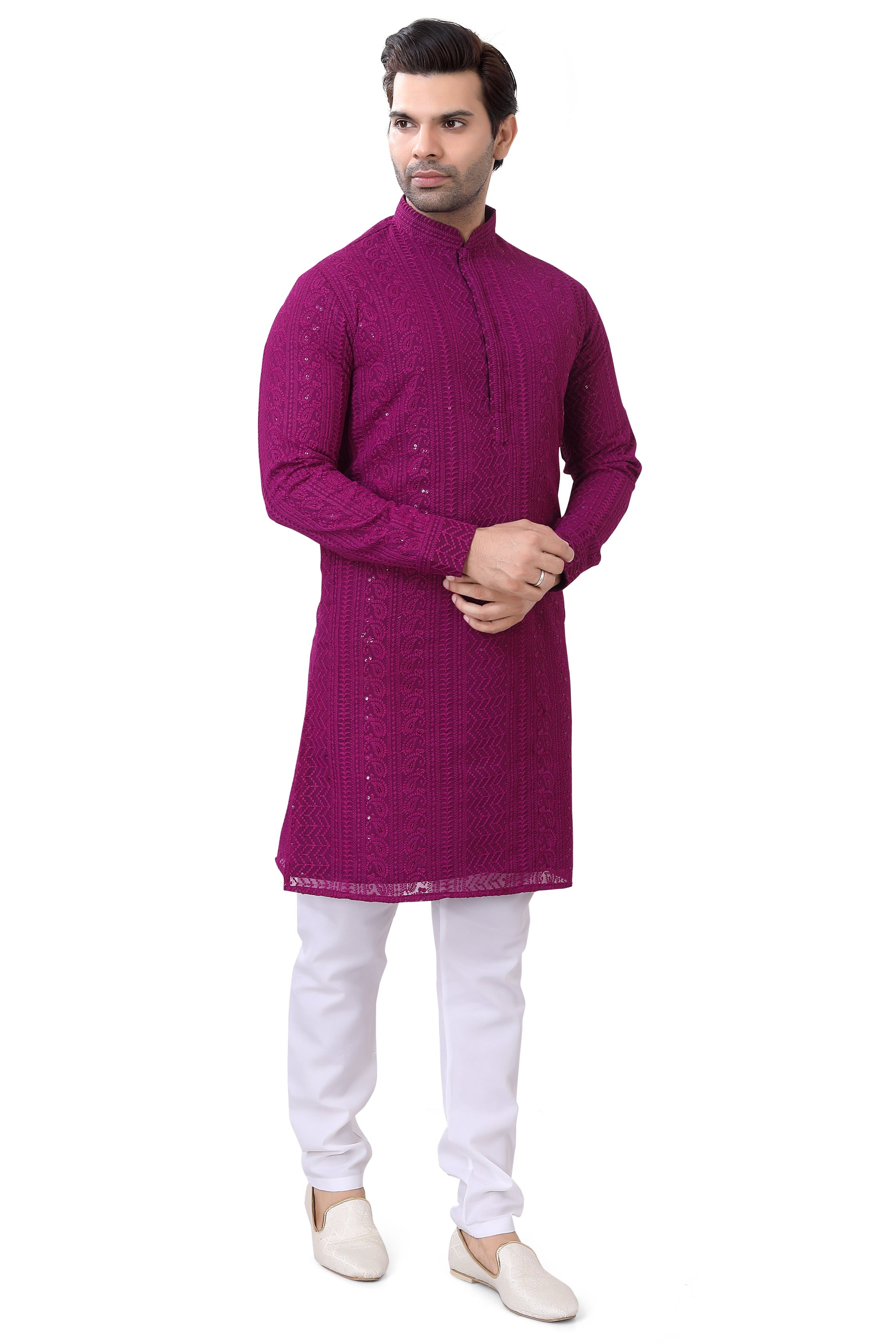 Lucknowi Kurta Pajama Set in Wine Colour- LCKP-009