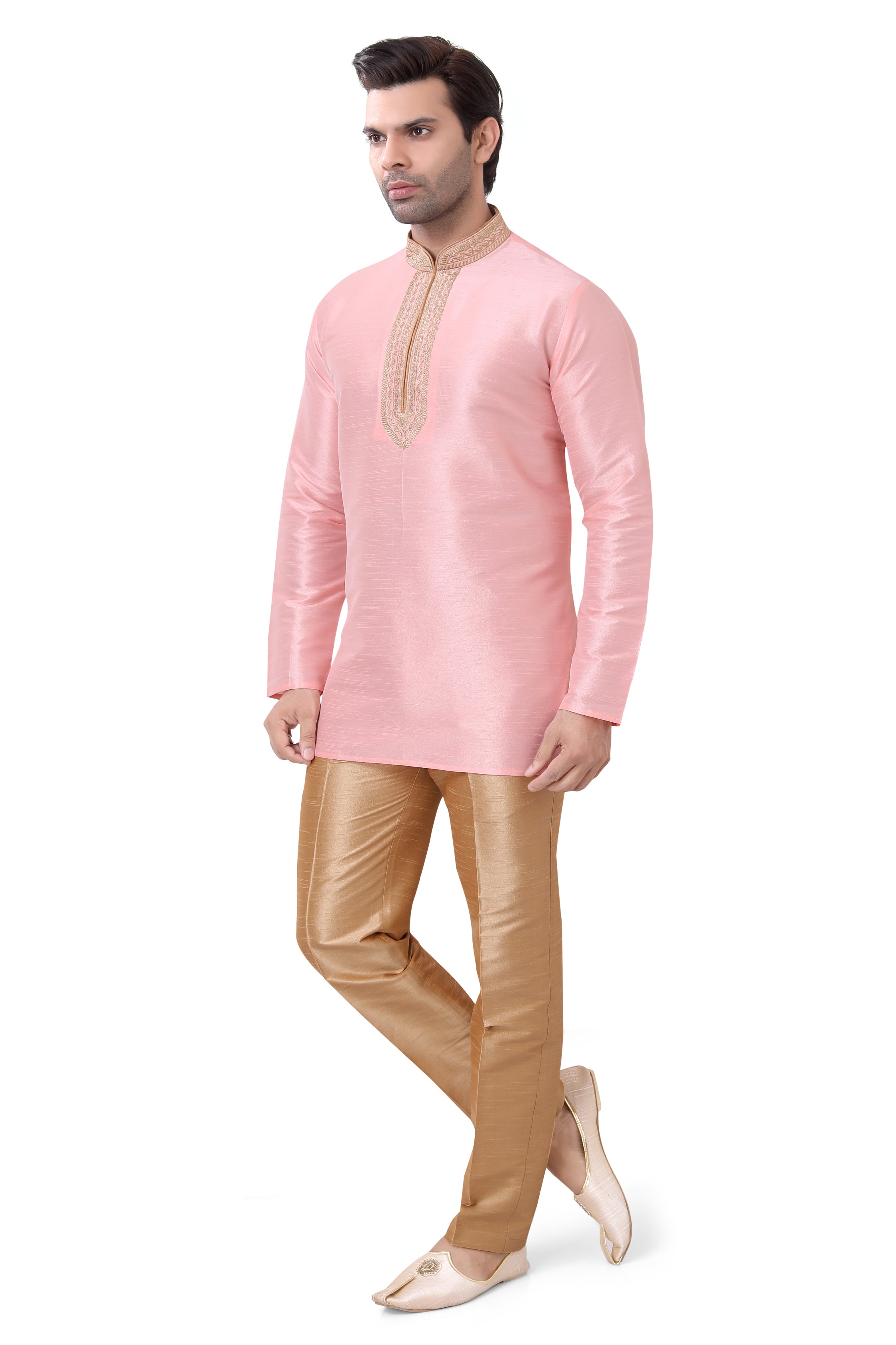 Banarasi Dupion Silk Short Kurta with embroidery in Light Pink color