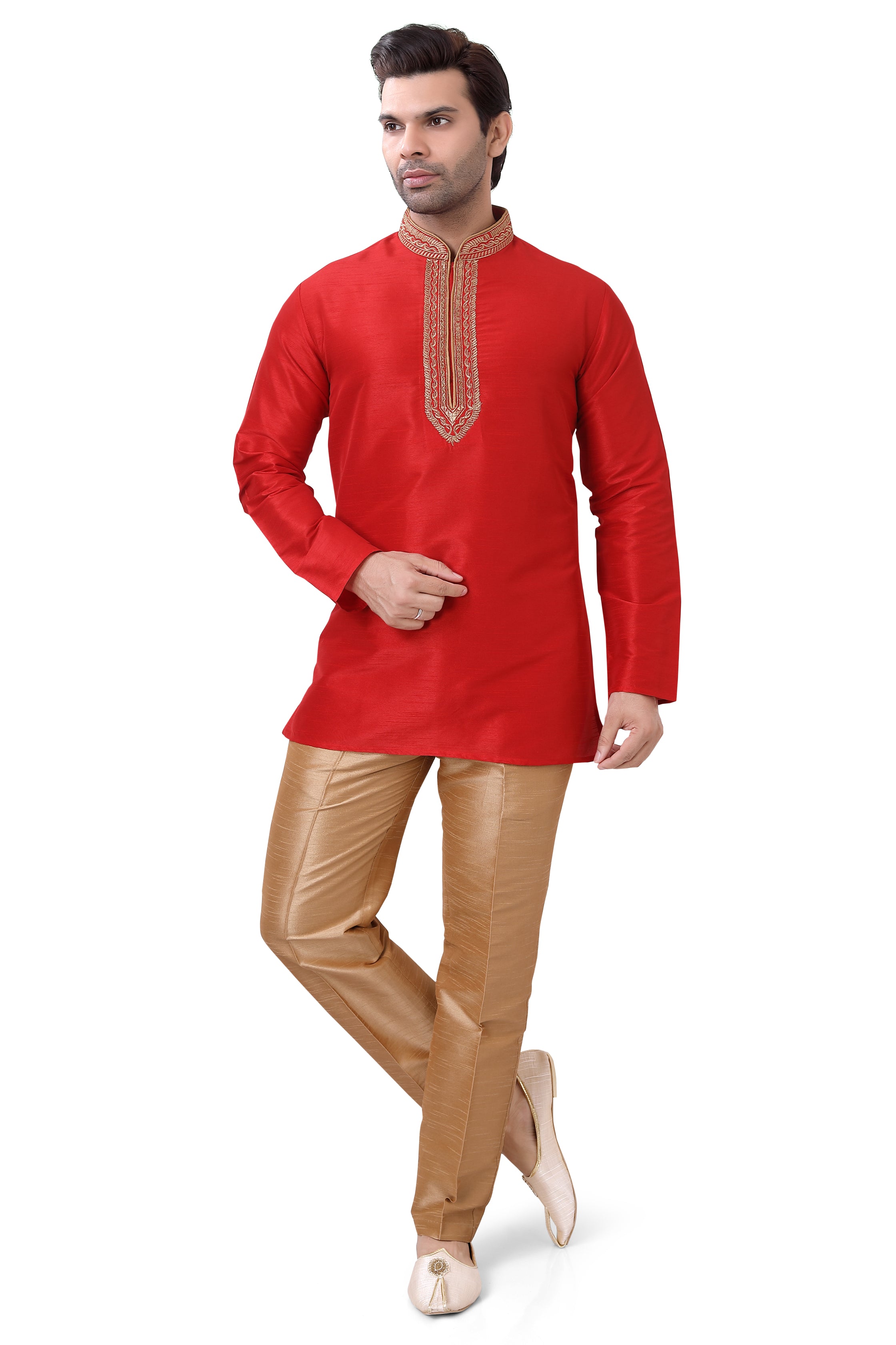 Banarasi Dupion Silk Short Kurta with embroidery in Red Color