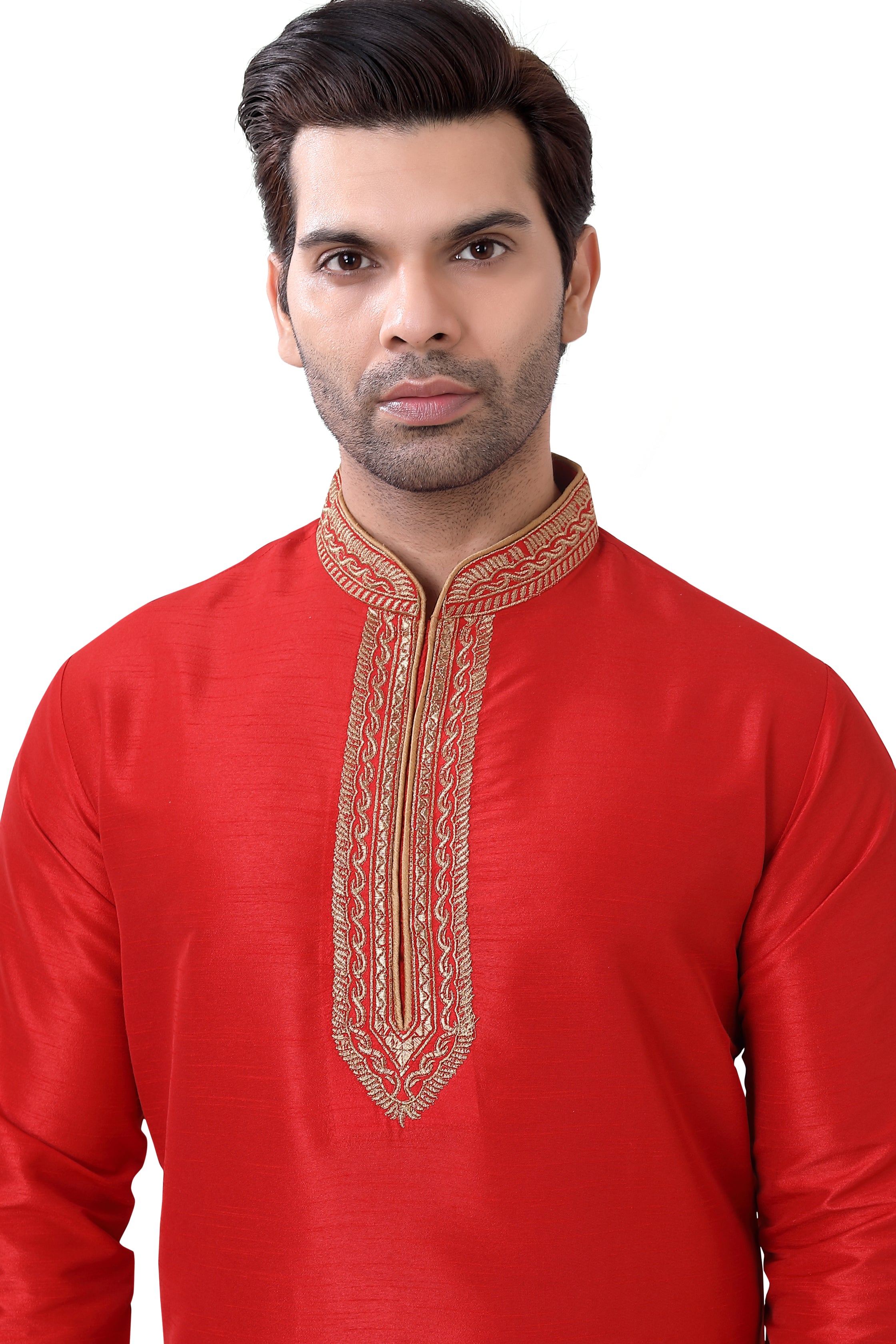 Banarasi Dupion Silk Short Kurta with embroidery in Red Color
