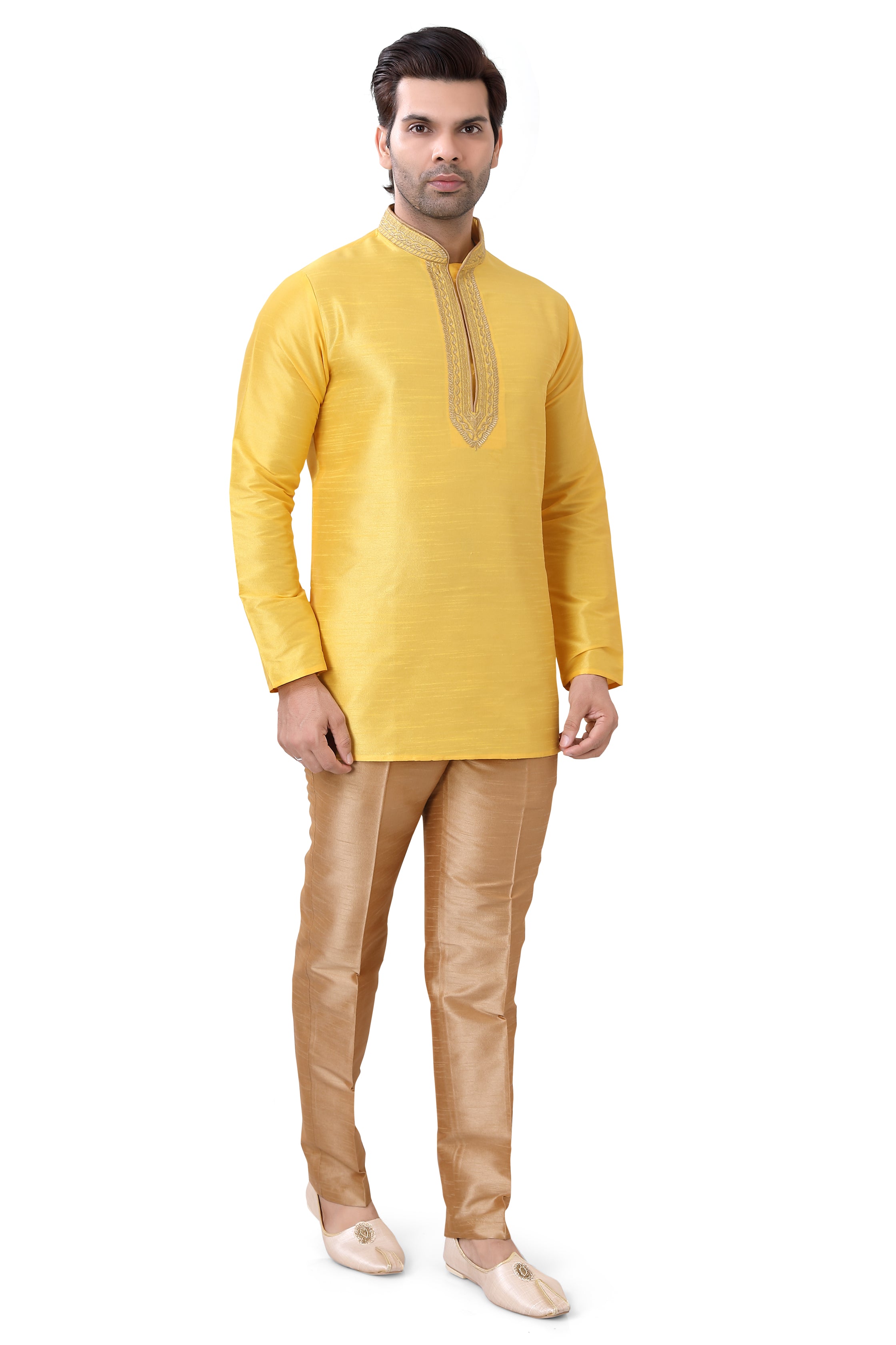 Banarasi Dupion Silk Short Kurta with embroidery in Yellow color