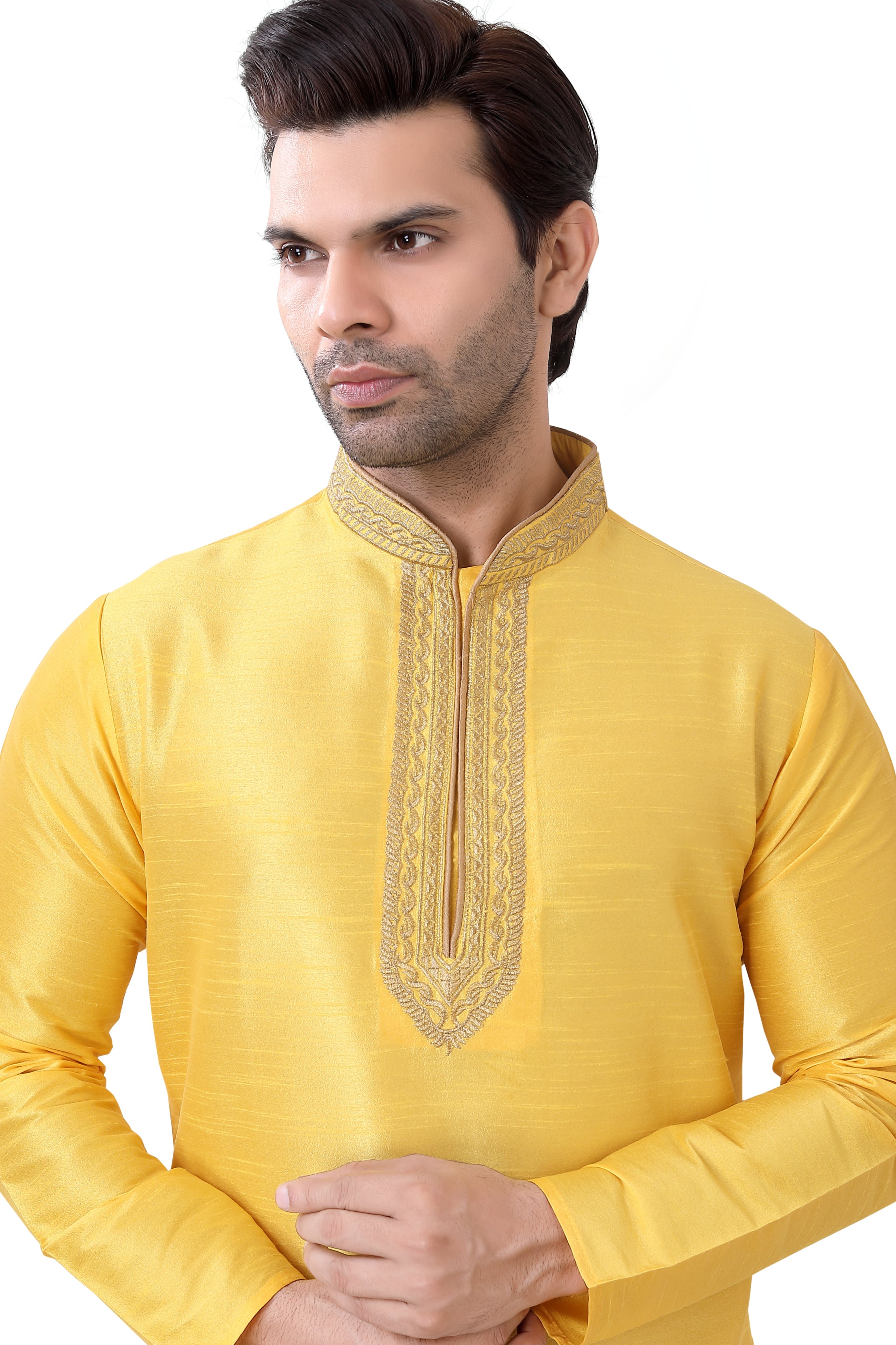 Banarasi Dupion Silk Short Kurta with embroidery in Yellow color - Premium kurta pajama from Dapper Ethnic - Just $49! Shop now at Dulhan Exclusives