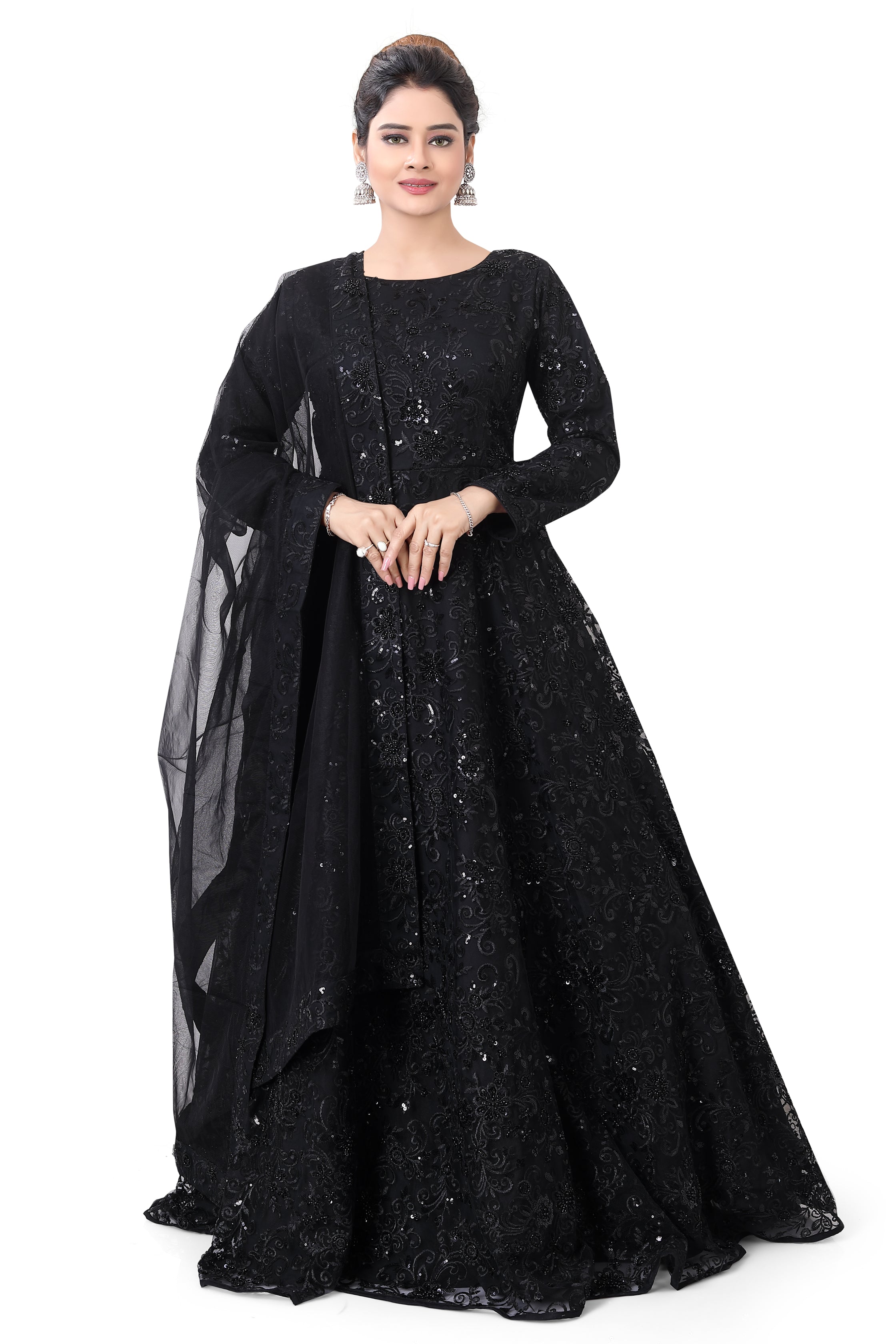 Black Embroidered Net Gown