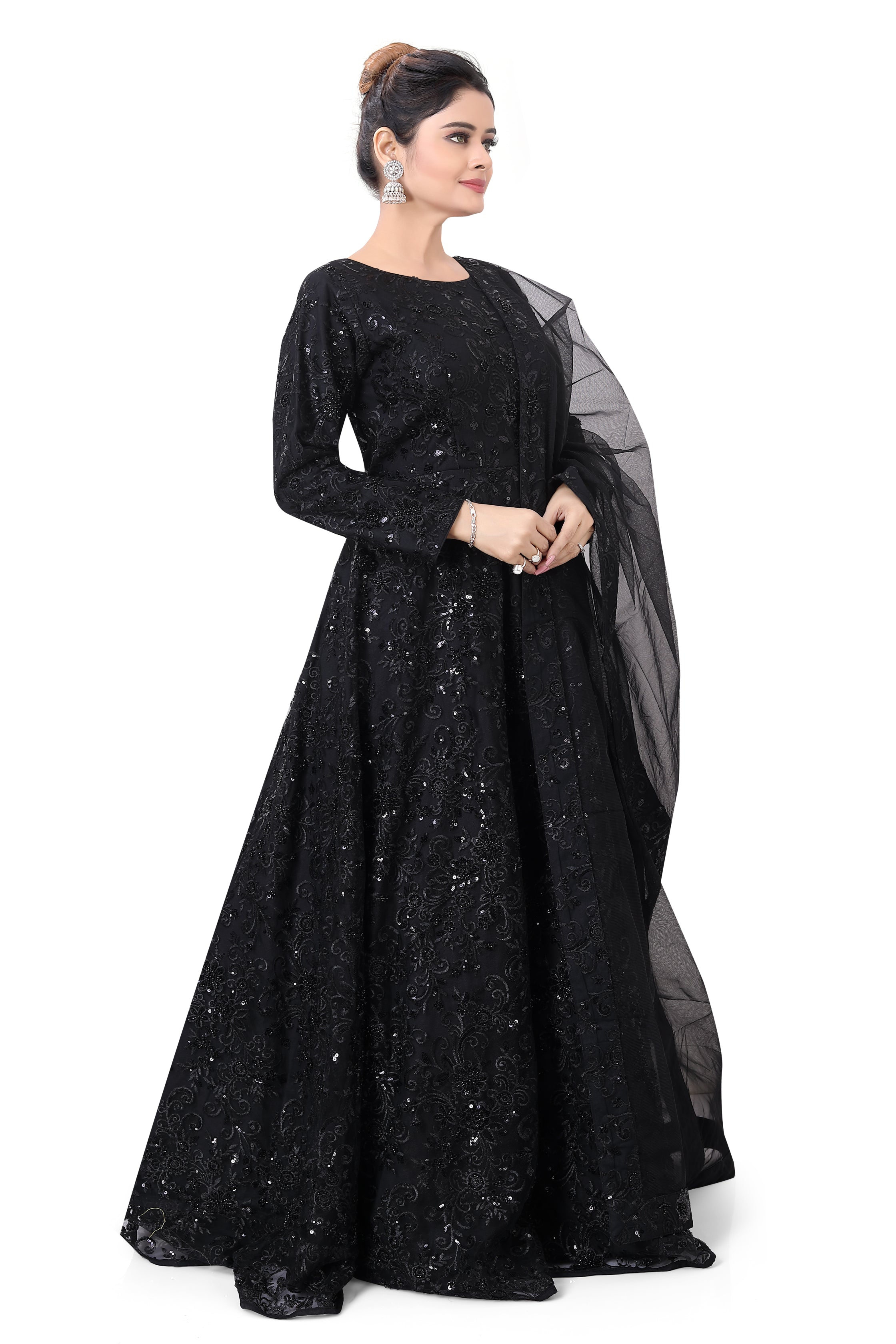Black Embroidered Net Gown
