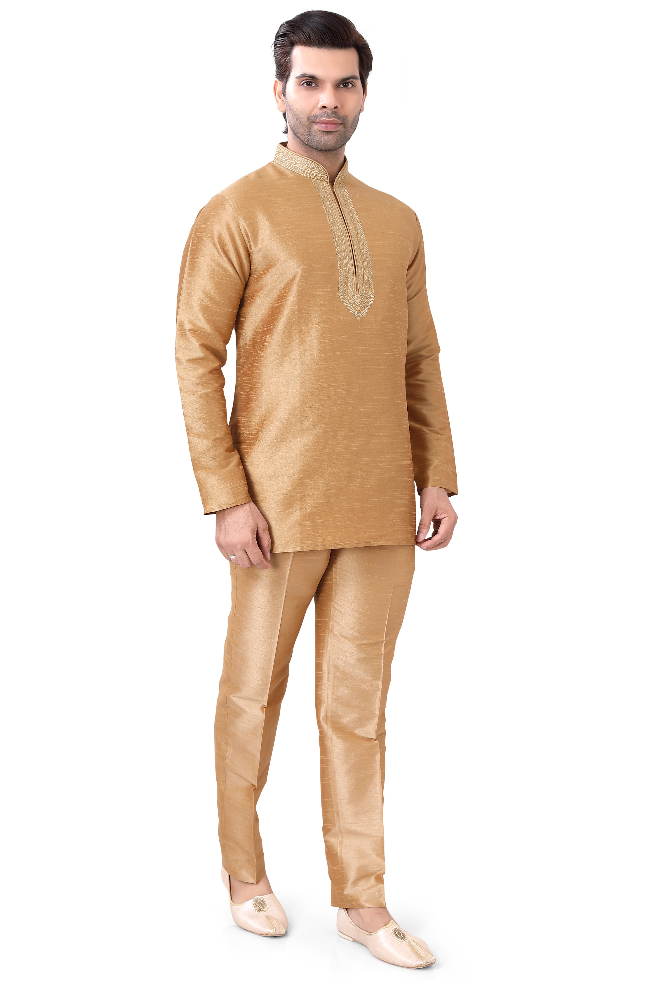 Banarasi Dupion Silk Short Kurta with embroidery in Gold color - Premium kurta pajama from Dapper Ethnic - Just $49! Shop now at Dulhan Exclusives