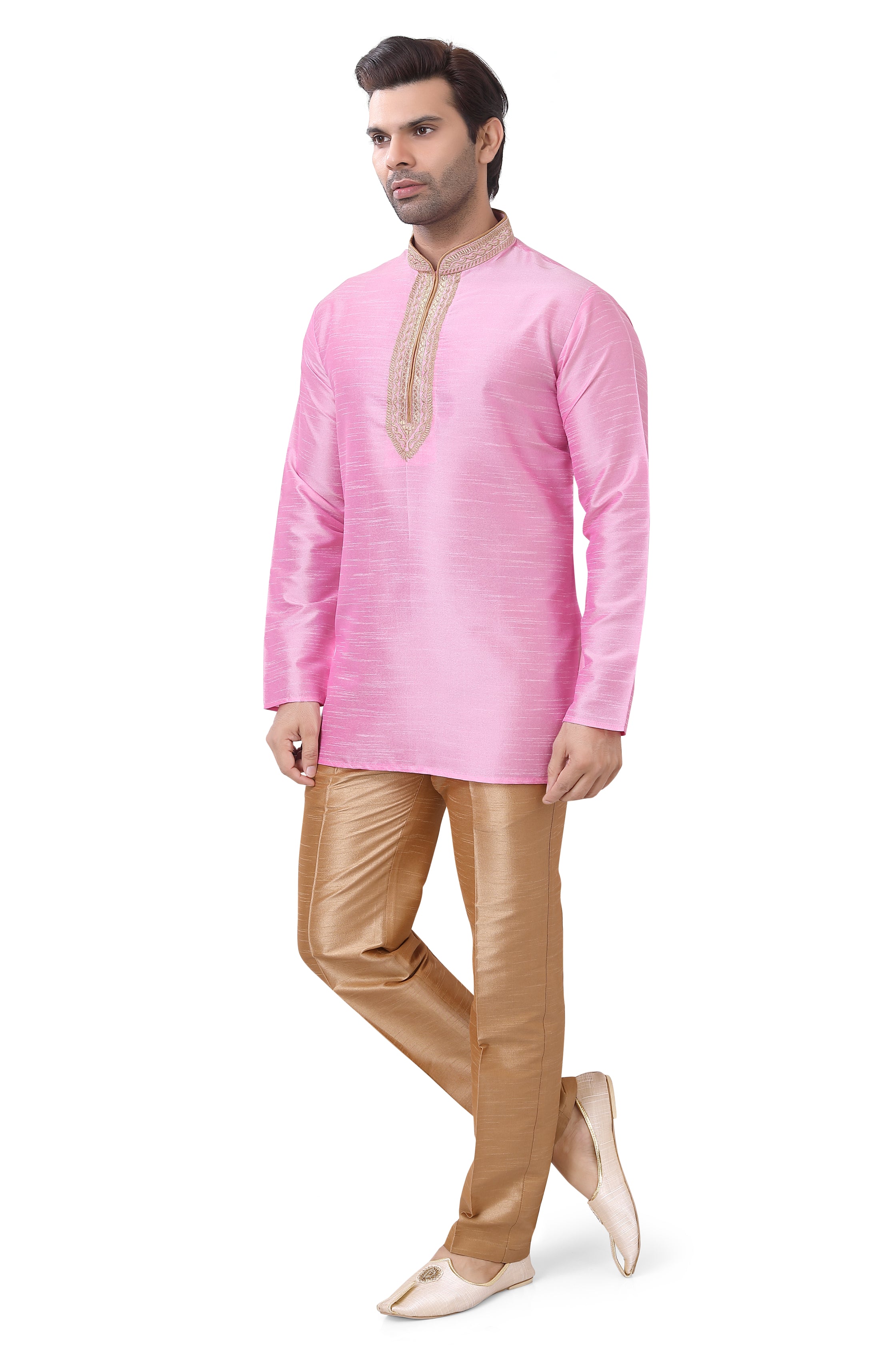 Banarasi Dupion Silk Short Kurta with embroidery in Pink color
