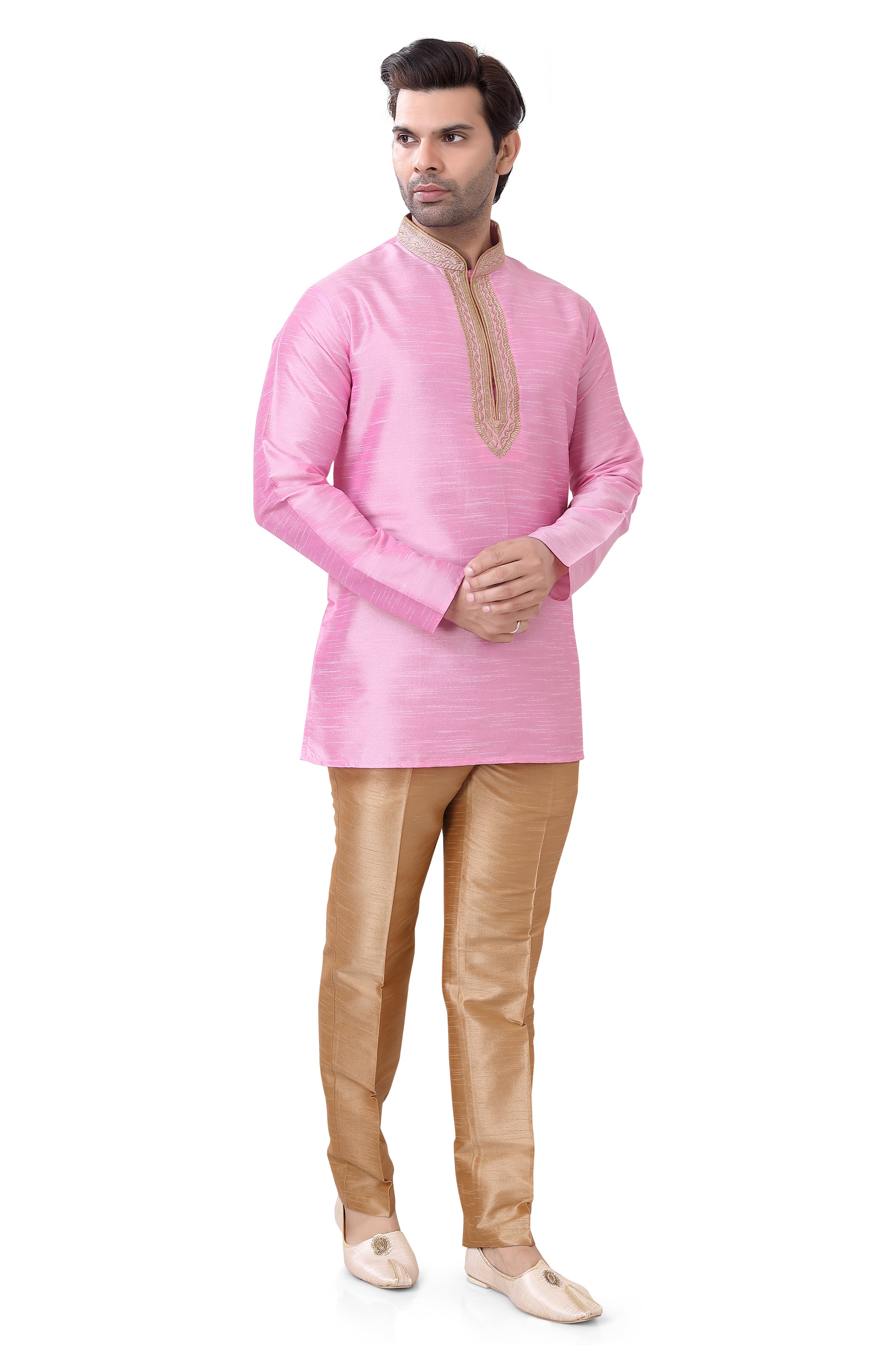 Banarasi Dupion Silk Short Kurta with embroidery in Pink color